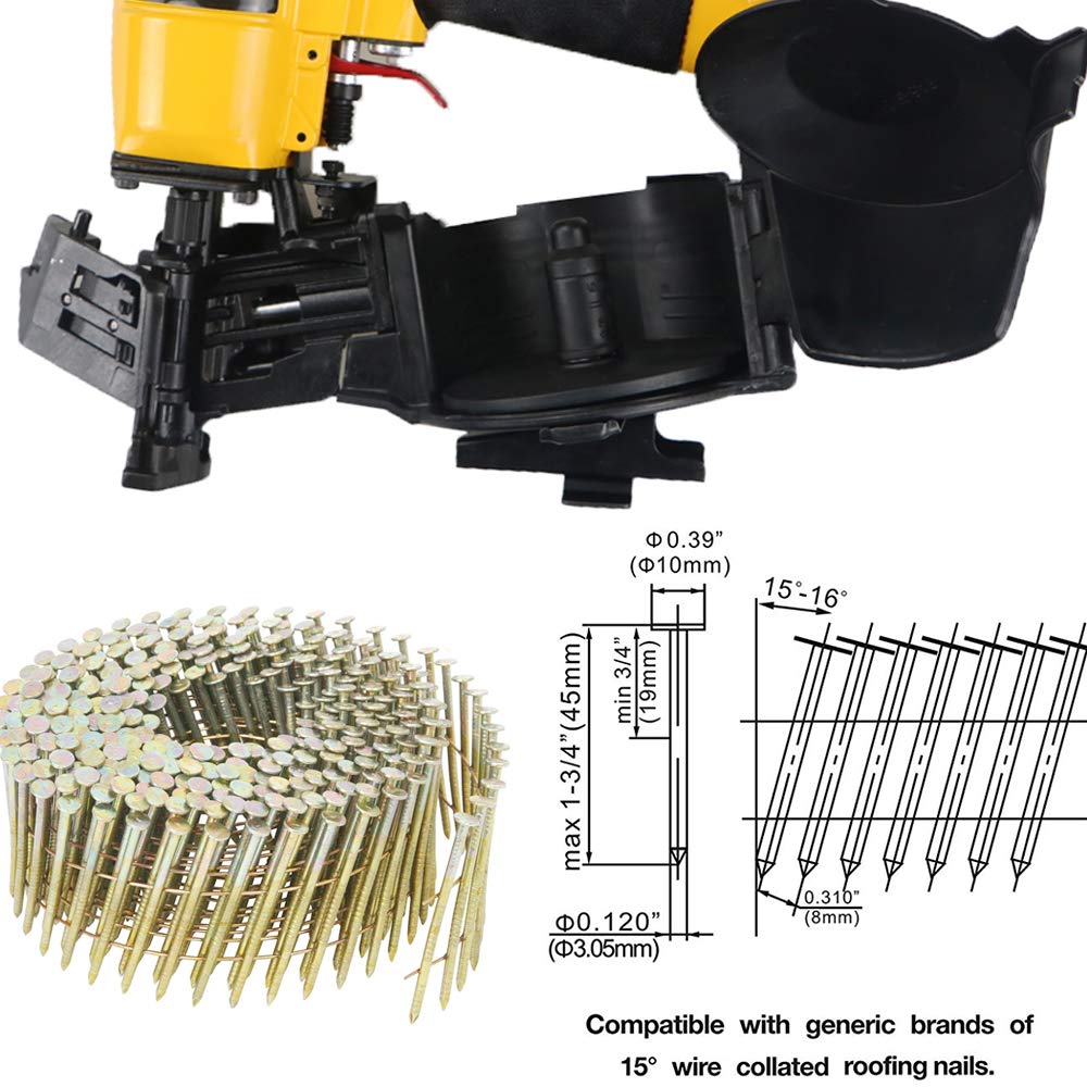 BHTOP CN45N Roofing Nailer, 15 Degree Roofing Nail Gun & 600 Count Coil Roofing Nails 1-1/4 Inch x .120-Inch