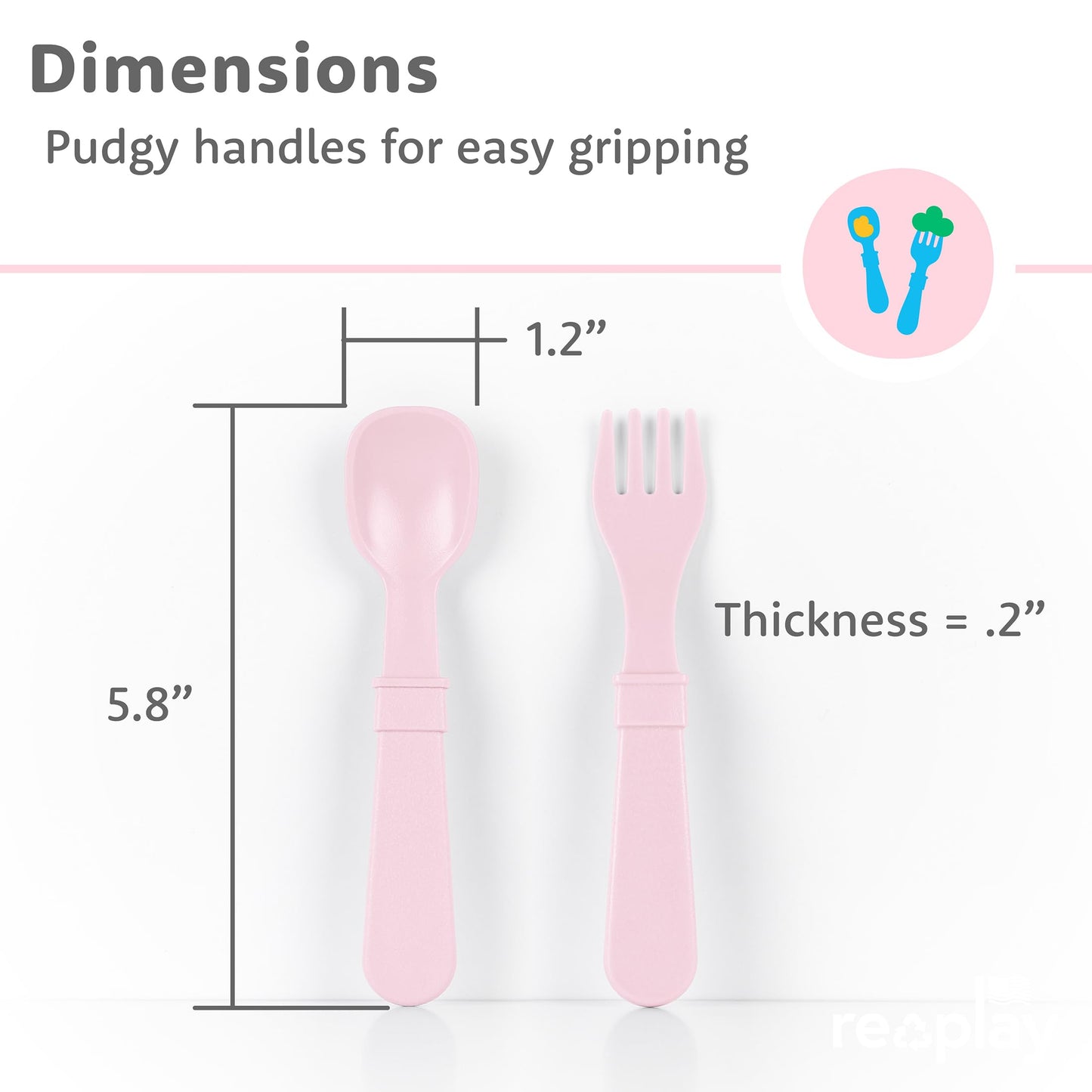 Re-Play Toddler Forks and Spoons Set - 4x4 Utensils for Kids with Case - Dishwasher and Microwave Safe - Made in USA - Set of 8-5.8" x 1.2" x 0.2" - Blossom
