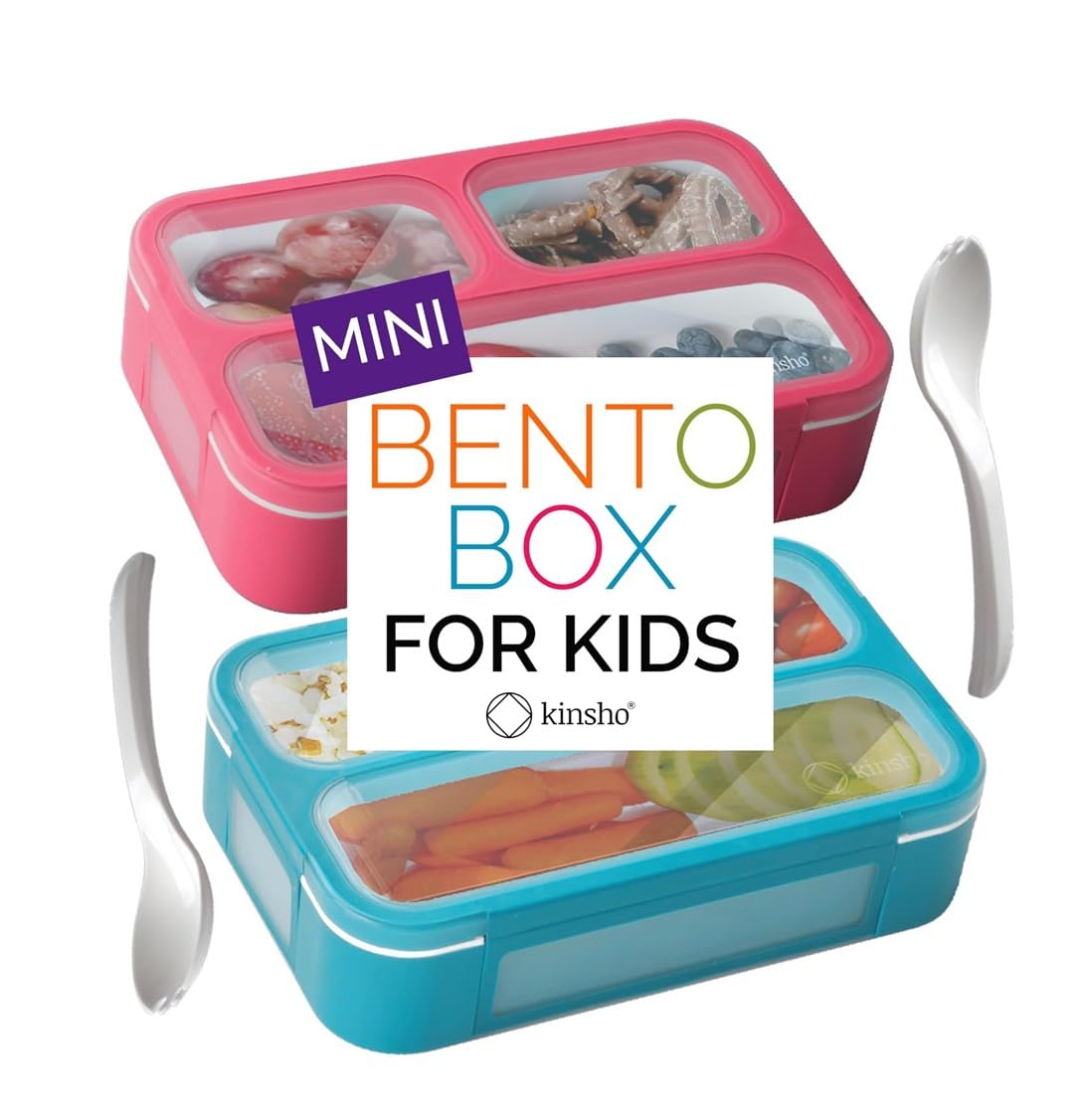 Small Snack Containers for Kids Toddlers - 3 Compartments (Set of 2) - Leak-Proof Reusable Boxes with Lids -BPA-Free Plastic Mini Bento Lunch Box - Ideal for School, Daycare - Holds 2 Cups (Pink+Blue)