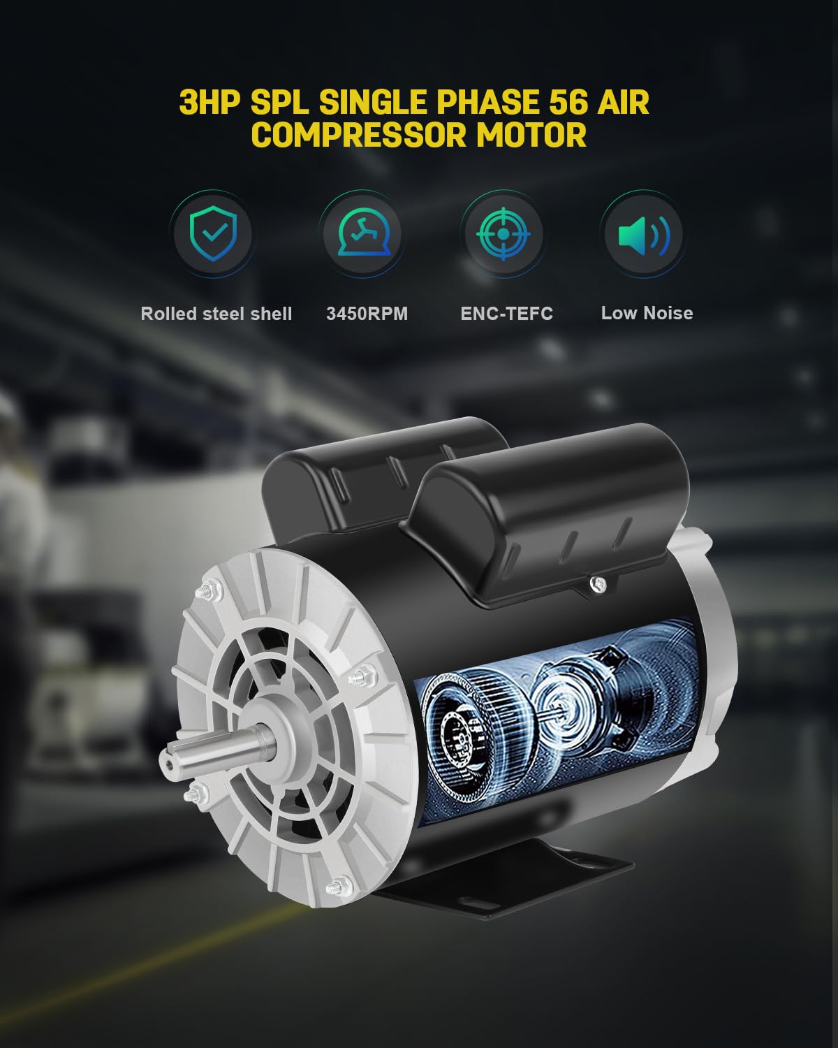 3 HP SPL Air Compressor Motor, 3450 RPM Electric Motor, 115/230V, 18/9A Single Phase, 56 Frame 5/8" Keyed Shaft, Commercial-Duty CCW Rotation, 1.88" Shaft Length for Air Compressors