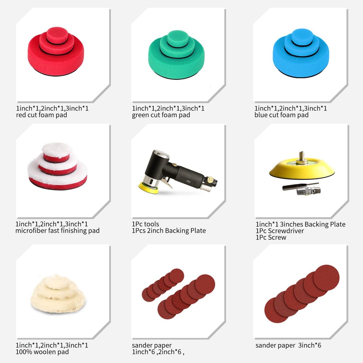 ZFE 1/2/3 Inch Random Orbital Air Sander, Mini Pneumatic Sander for Auto Body Work, High Speed Air Powered Polisher with 15 Polishing Buffing Pads,18 Sandpapers