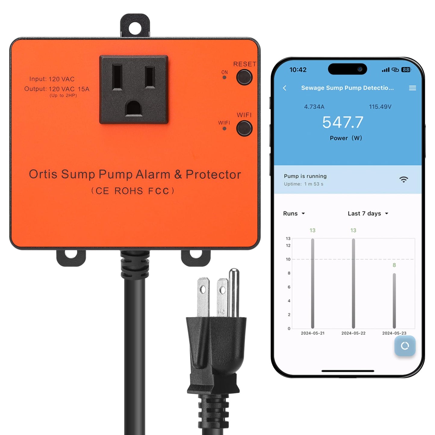 Sump Pump Monitor – Ortis WiFi Sewage Pump Alarm with Real-Time Status, Overload, Float Switch Jam & Power Outage Alerts, Compatible with 1/6HP–2HP Pumps