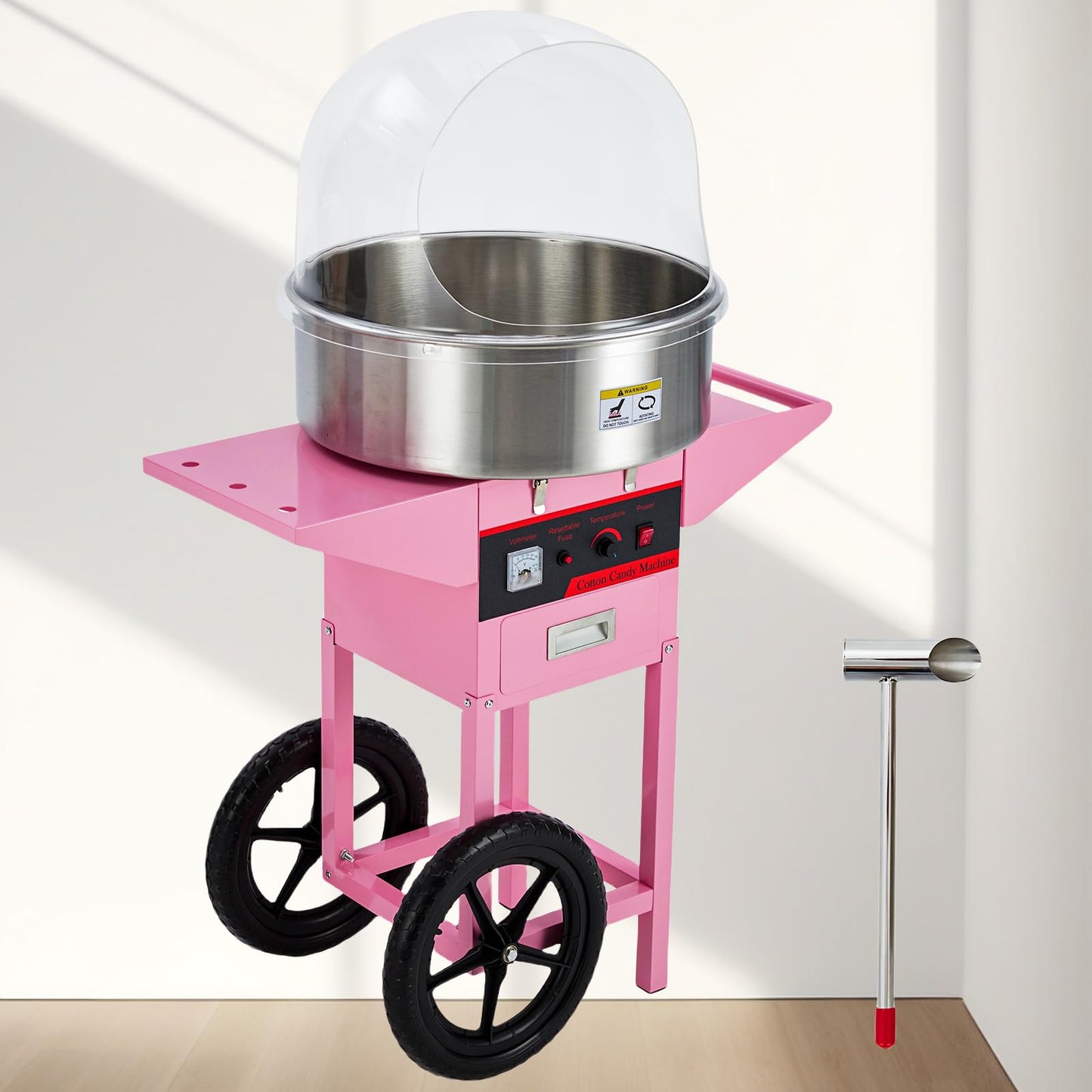 GarveeTech Commercial Cotton Candy Machine with Cart - Pink Cotton Candy Machine With Stainless Steel Bowl, Sugar Scoop, Drawer. Ideal for Family Party Fun(Without lid)