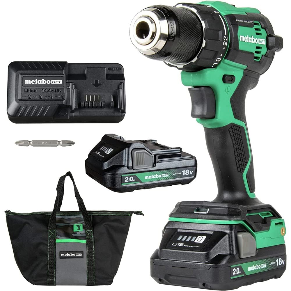 Metabo HPT 18V MultiVolt Cordless Brushless Hammer Drill Kit, Compact Power Drill with 2 Lithium-Ion Metabo Batteries, Charger, Carrying Bag and Accessories, High Torque, 2-Speed, DV18DEX
