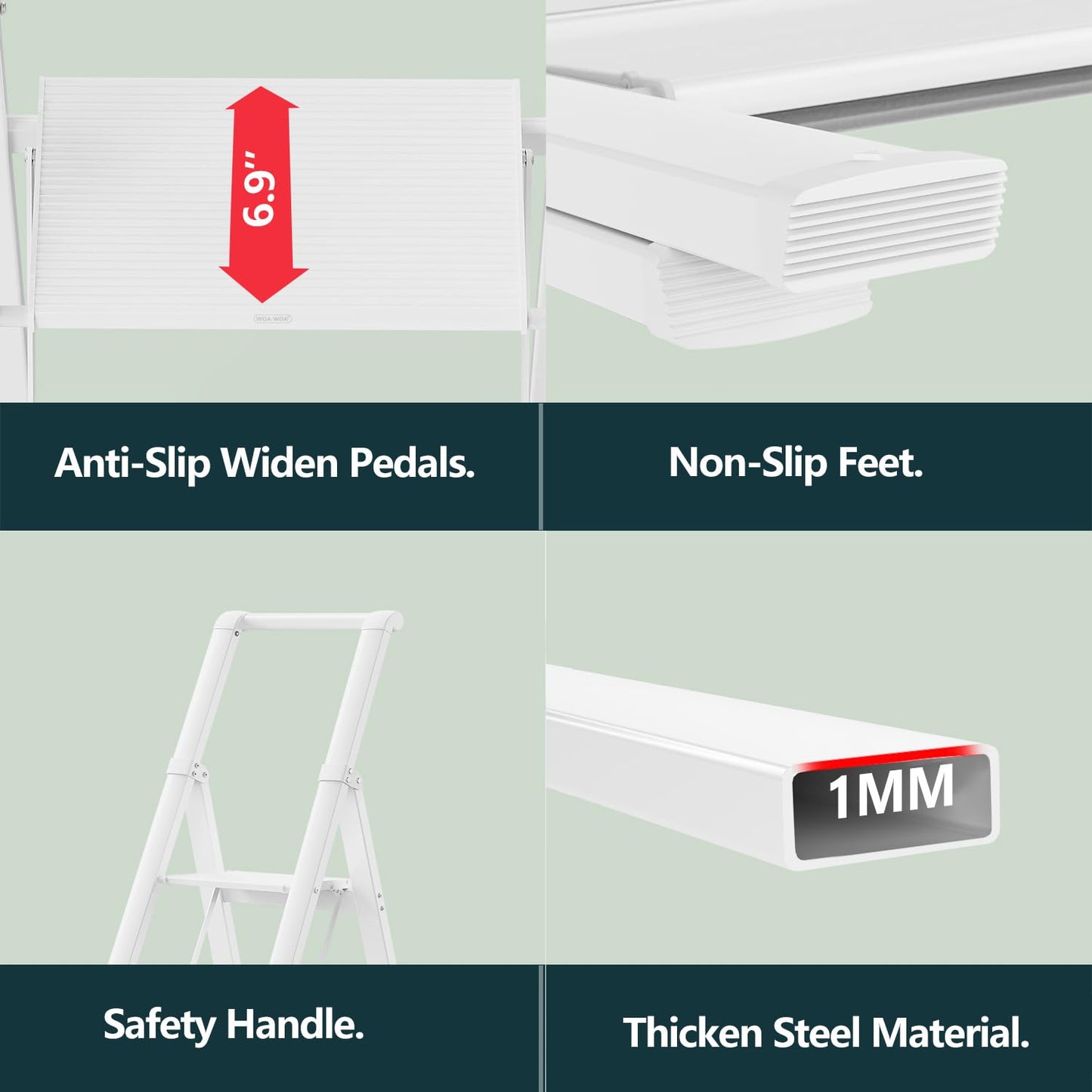 WOA WOA 5 Step Ladder, Ladders for Home, Anti-Slip Pedals, Step Stool Foldable, Lightweight to Move, Ease of Storage, Reach 10ft for Closet Kitchen Library, Hold 300lbs - White