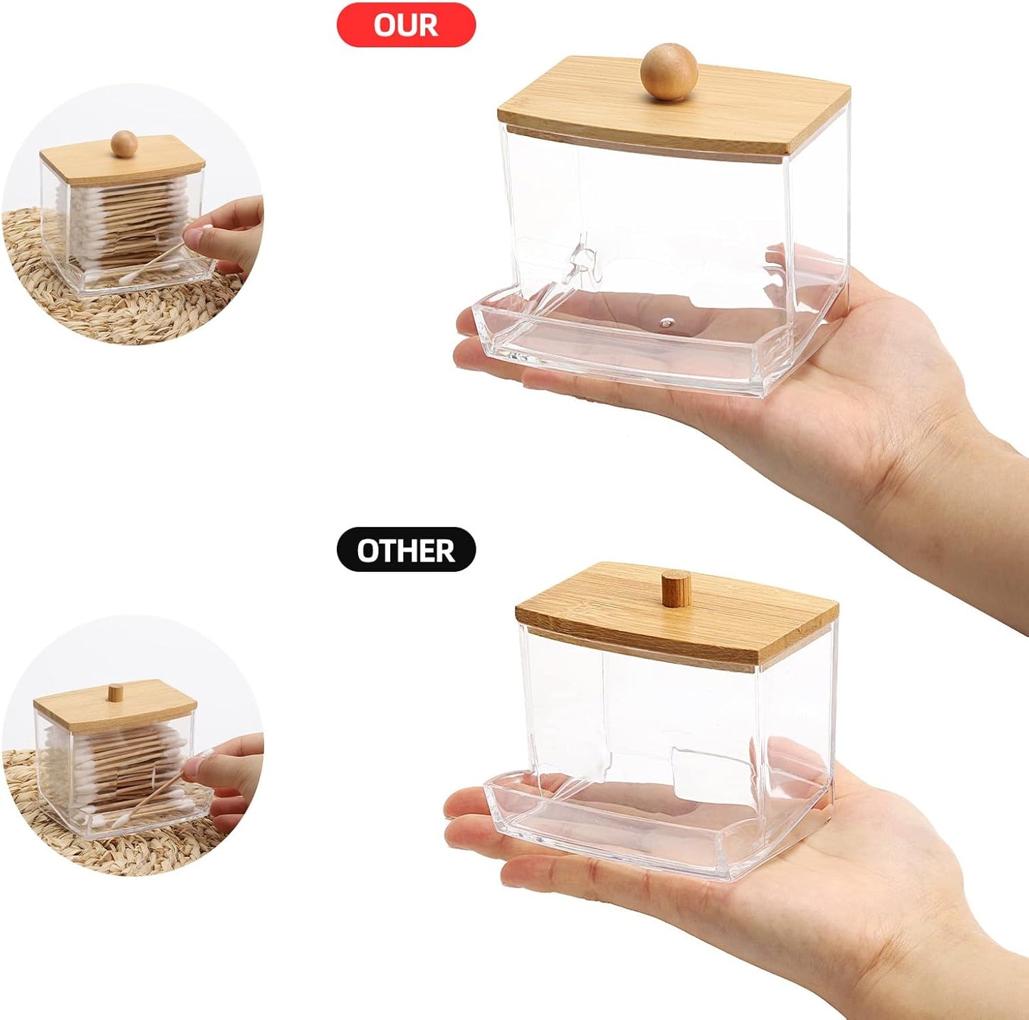 Tbestmax Qtip Holder Dispenser - 10oz Clear Bathroom Organizer with Bamboo Lids for Cotton Swabs & Accessories