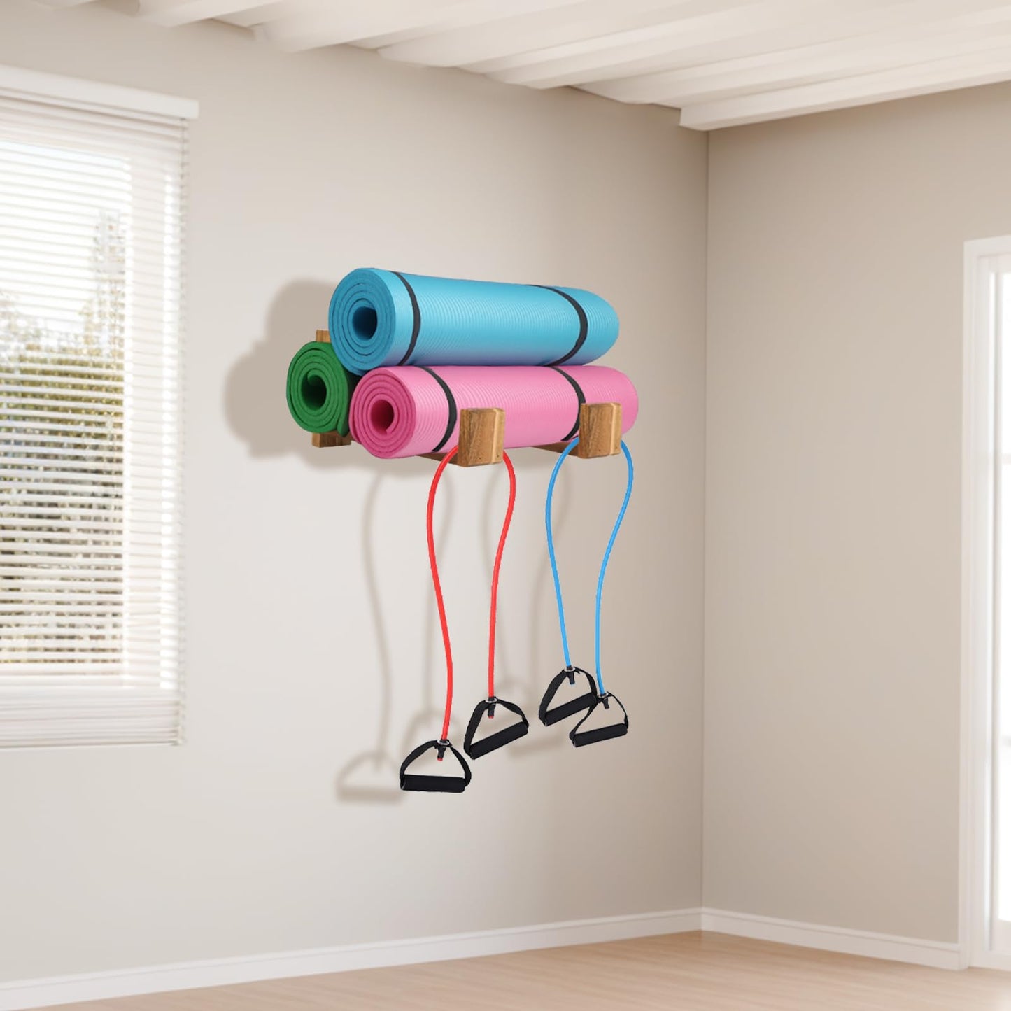 Yoga Mat Holder Wall Mount Yoga Mat Storage Rack,Wall Shelf Organizer, Foam Roller Wall Hooks, Hold 3 yoga mats, Fitness Gear Organizer By Wood