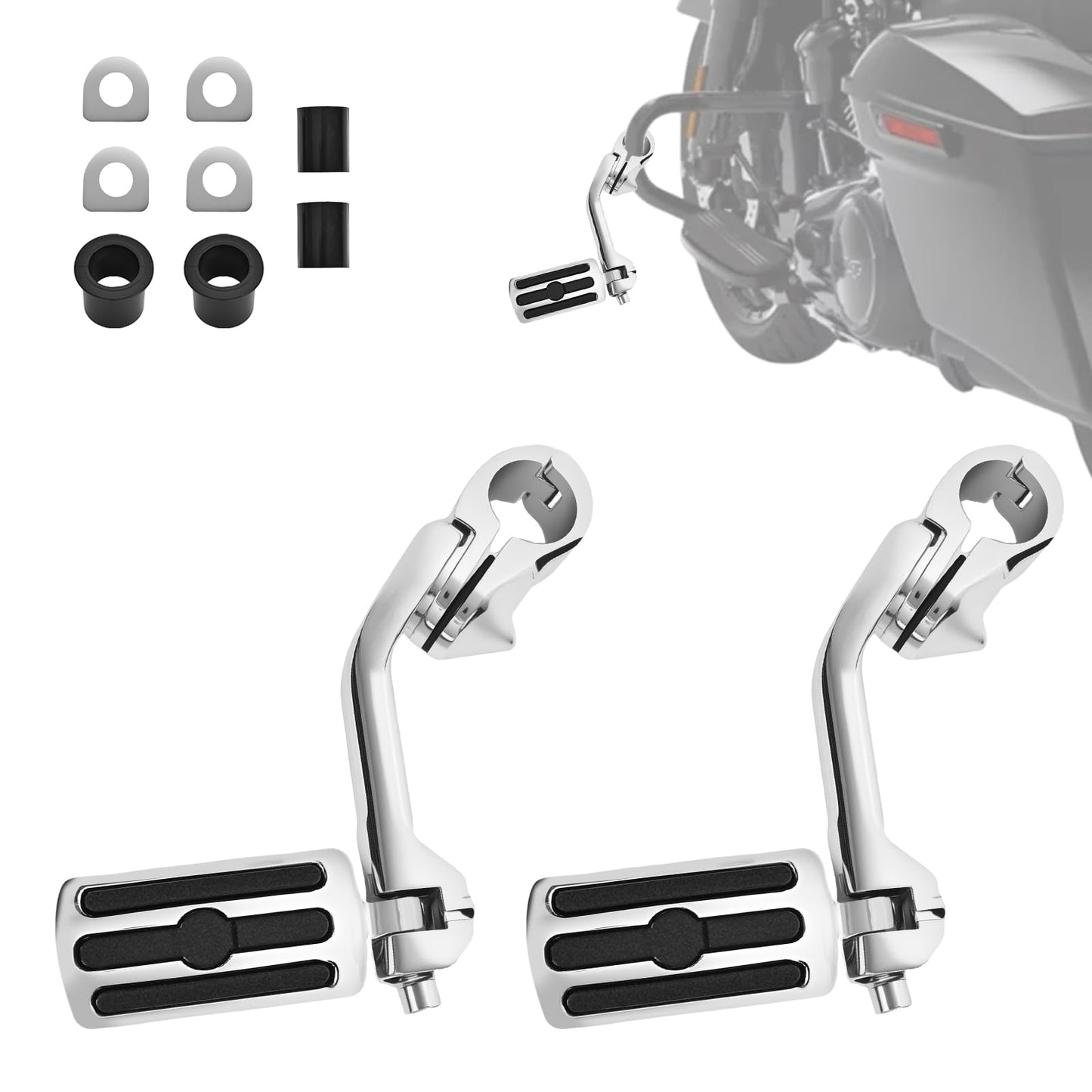 Upgrade Highway Footpegs, 1.25" Motorcycle Highway Pegs Long Angled Adjustable Chrome and Rubber Style Fit for Harley Touring Street Glide Road King Softail Dyna Fit 1-1/4" Engine Guard(Chrome)