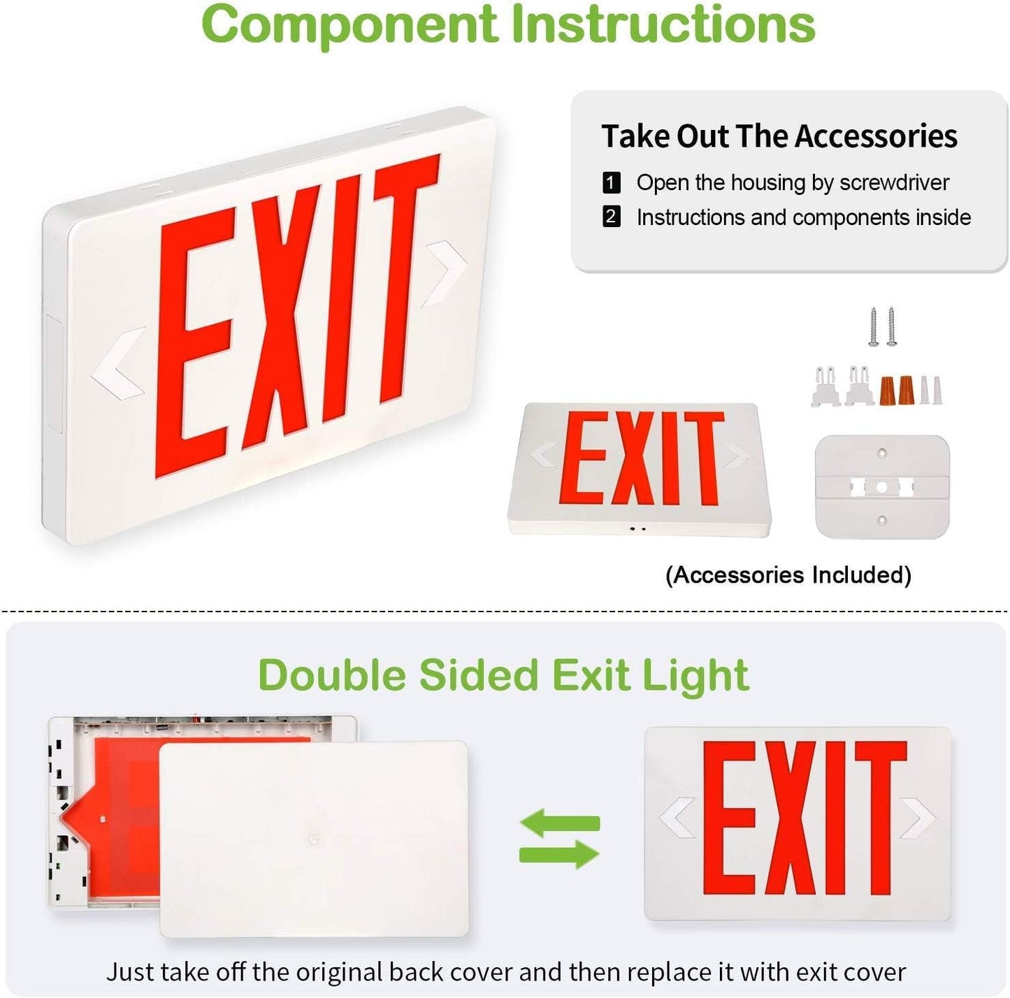 Litufine Ultra Slim LED Exit Sign, Red Letter Emergency exit Lights, 1.6W, 10lumens Universal Mounting Double Face (1-Pack)