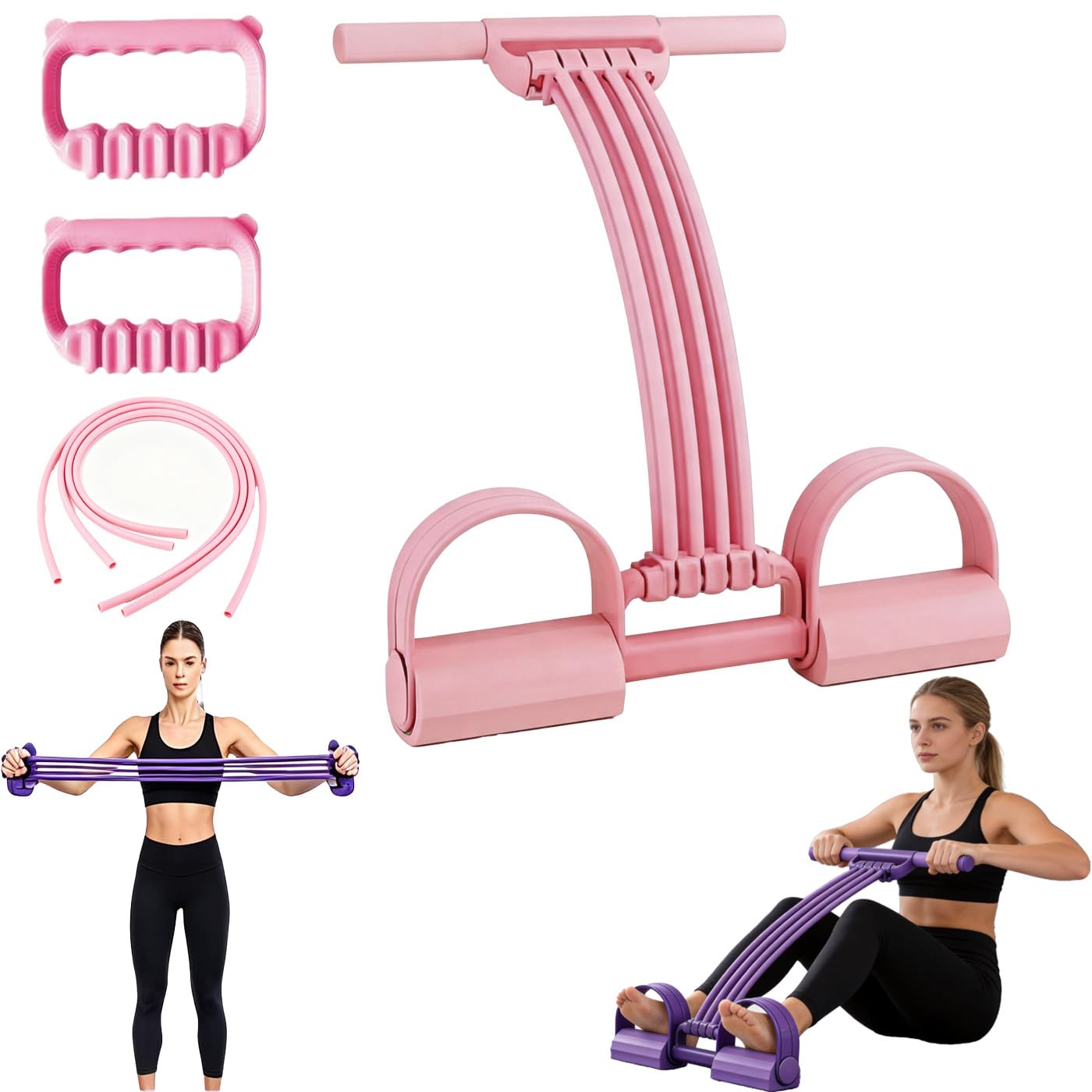Pedal Resistance Band with Handle, 2026 New Upgraded 8-Tube 3-in-1 Multi-Function Foot Pedal Puller for Back Stretch & Chest Expand, Portable Latex Fitness with 4 Extra Replacement Tubes (Pink)