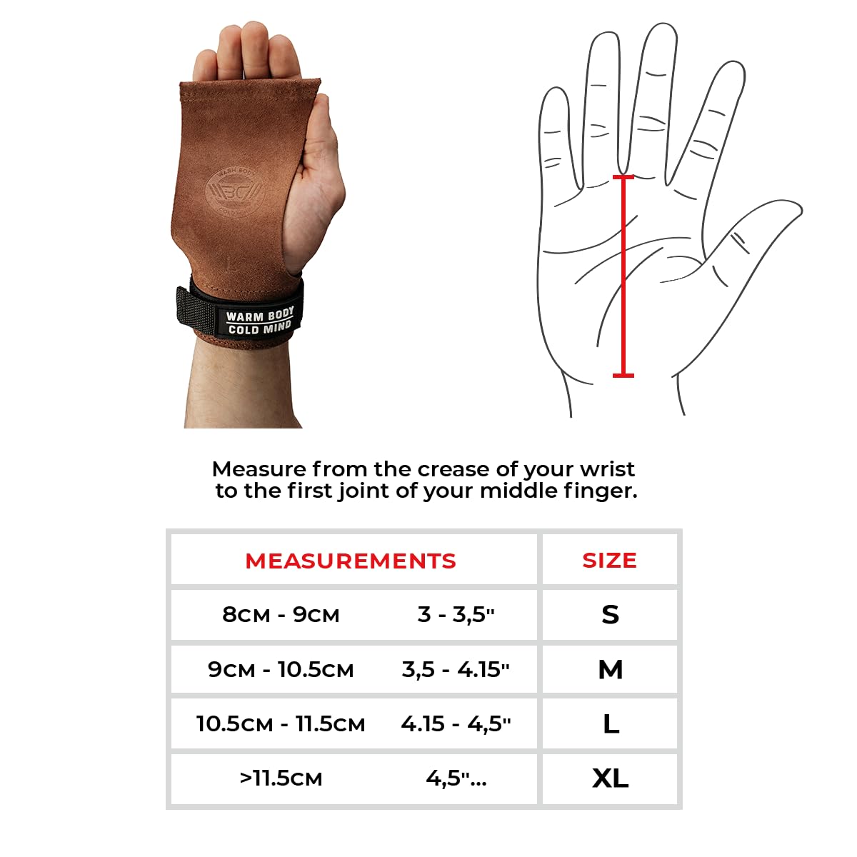 WARM BODY COLD MIND Leather Hand Grips - NO Holes for Weightlifting, Powerlifting, Gymnastics, Cross Training, Pull-Ups, Weight Lifting, Wrist and Palm Protection (Amber, S)