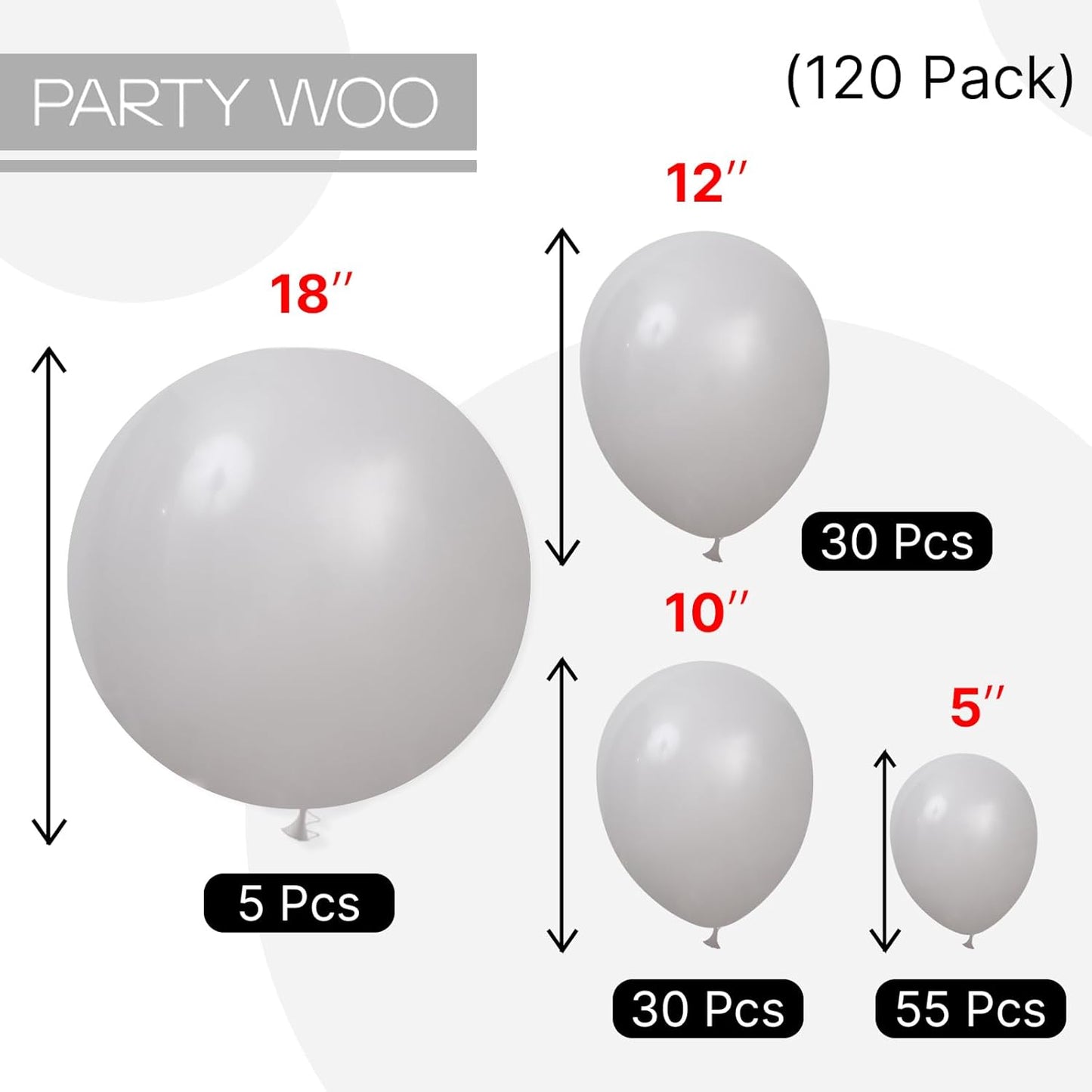 PartyWoo Gray Balloons - 120-Piece Matte Latex Balloon Arch Kit for Baby Showers & Weddings | 5-12 Inch Sizes