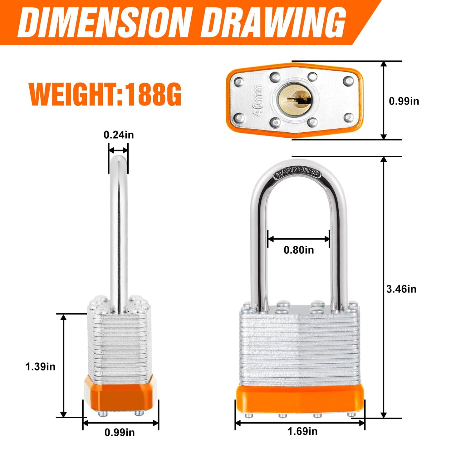 6Pcs Padlocks with Same Keys,Laminated Steel Orange Silver(1-9/16",40mm),Long Shackle for Sheds,Gates,Fences,Toolbox,Outdoor and Indoor Use