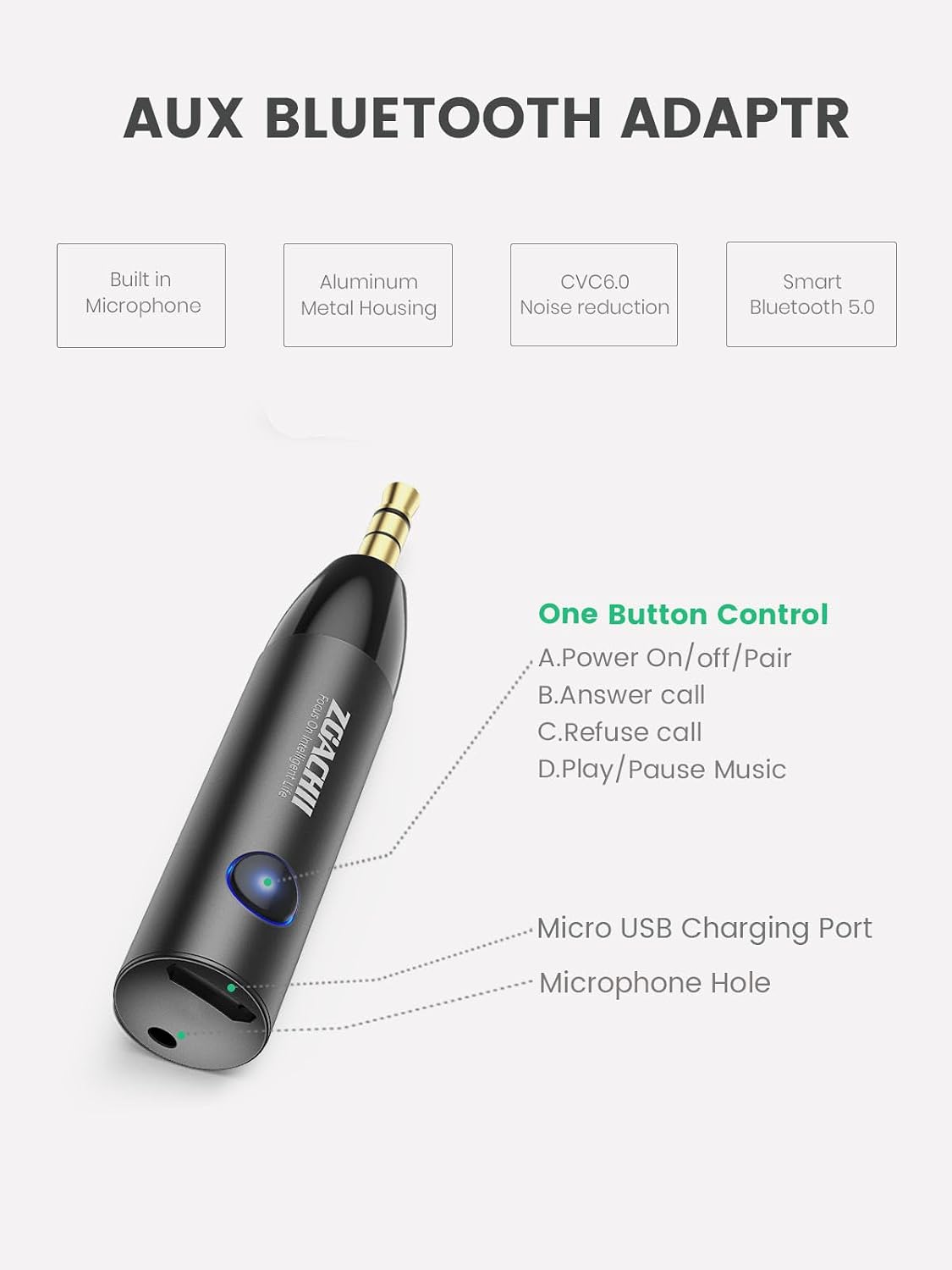 ZOACHII 5.0 3.5mm [1 Bluetooth Aux Adapter for Car, Wireless Bluetooth Audio Receiver with Jack for Vehicle Truck Home