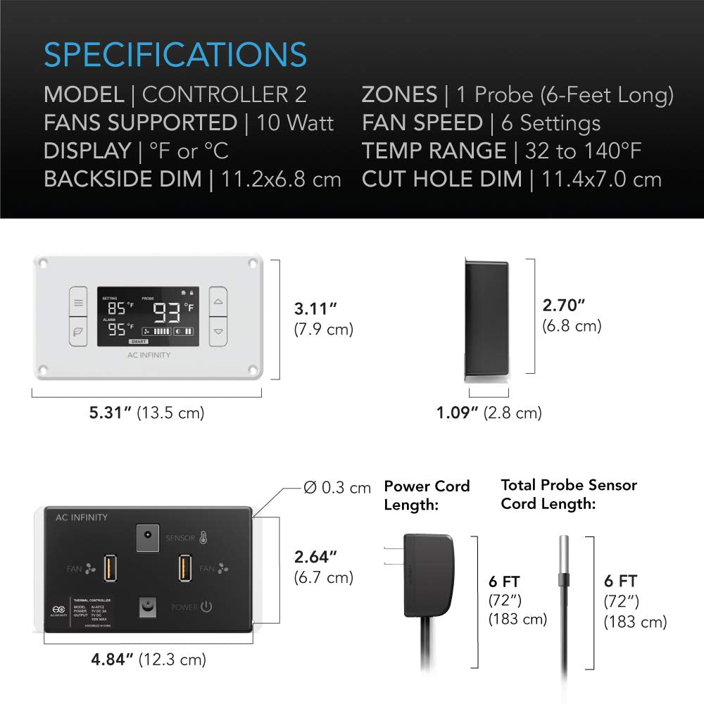 AC Infinity AIRPLATE T8 White, Quiet Cooling Dual-Fan System 6" with Thermostat Control, for Home Theater AV Cabinets