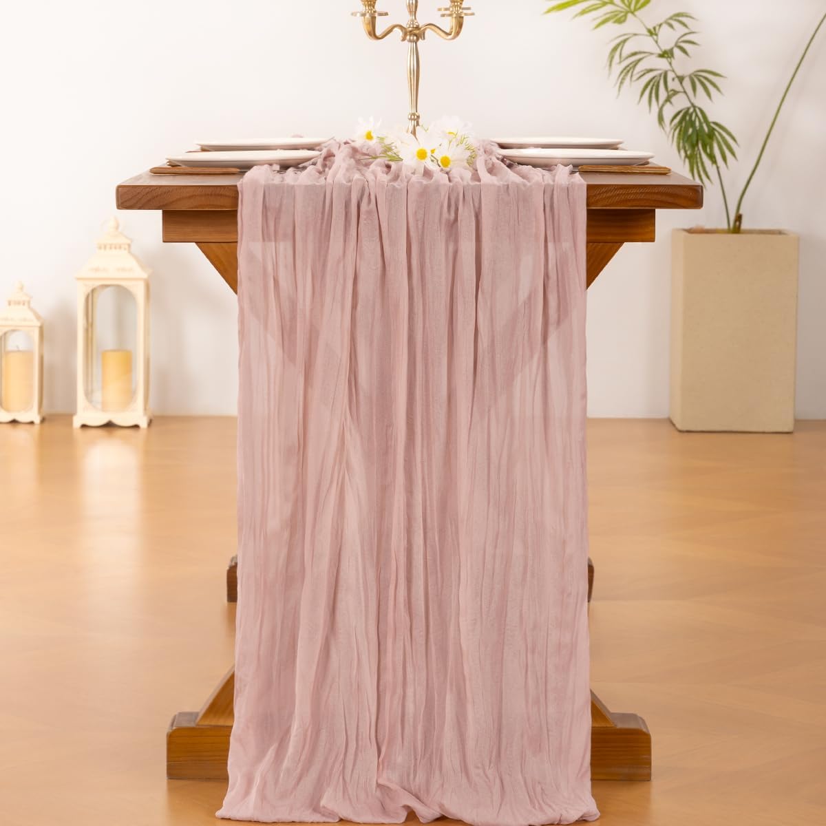 Socomi 6-Piece Pink Cheesecloth Table Runner Set - Rustic Boho 120-Inch for Weddings & Events