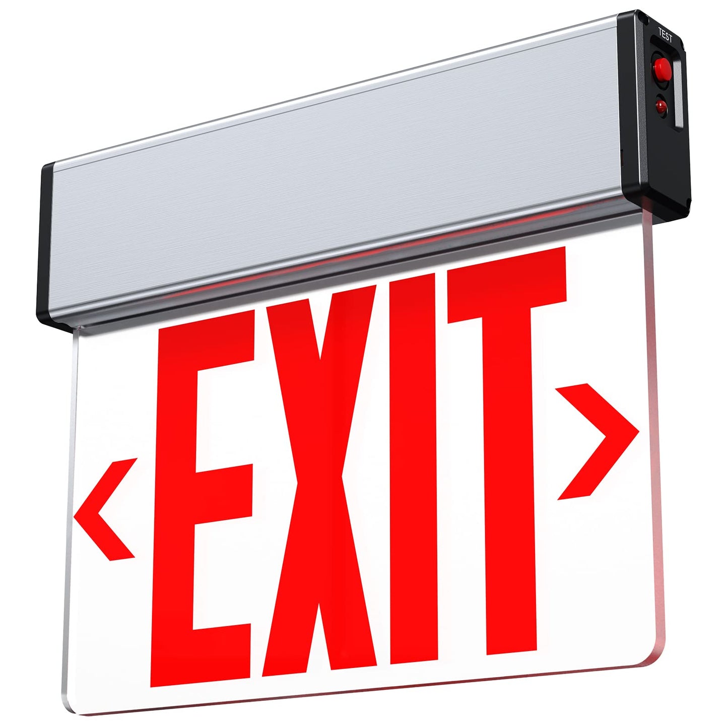 Red LED Edge Lit Exit Sign UL Listed, Brushed Aluminum Housing Single Sided Clear Acrylic Emergency Exit Signs with Battery Backup, AC 120-347V Hardwired Exit Lights, Top/Side/Wall Mount (1 Pack)