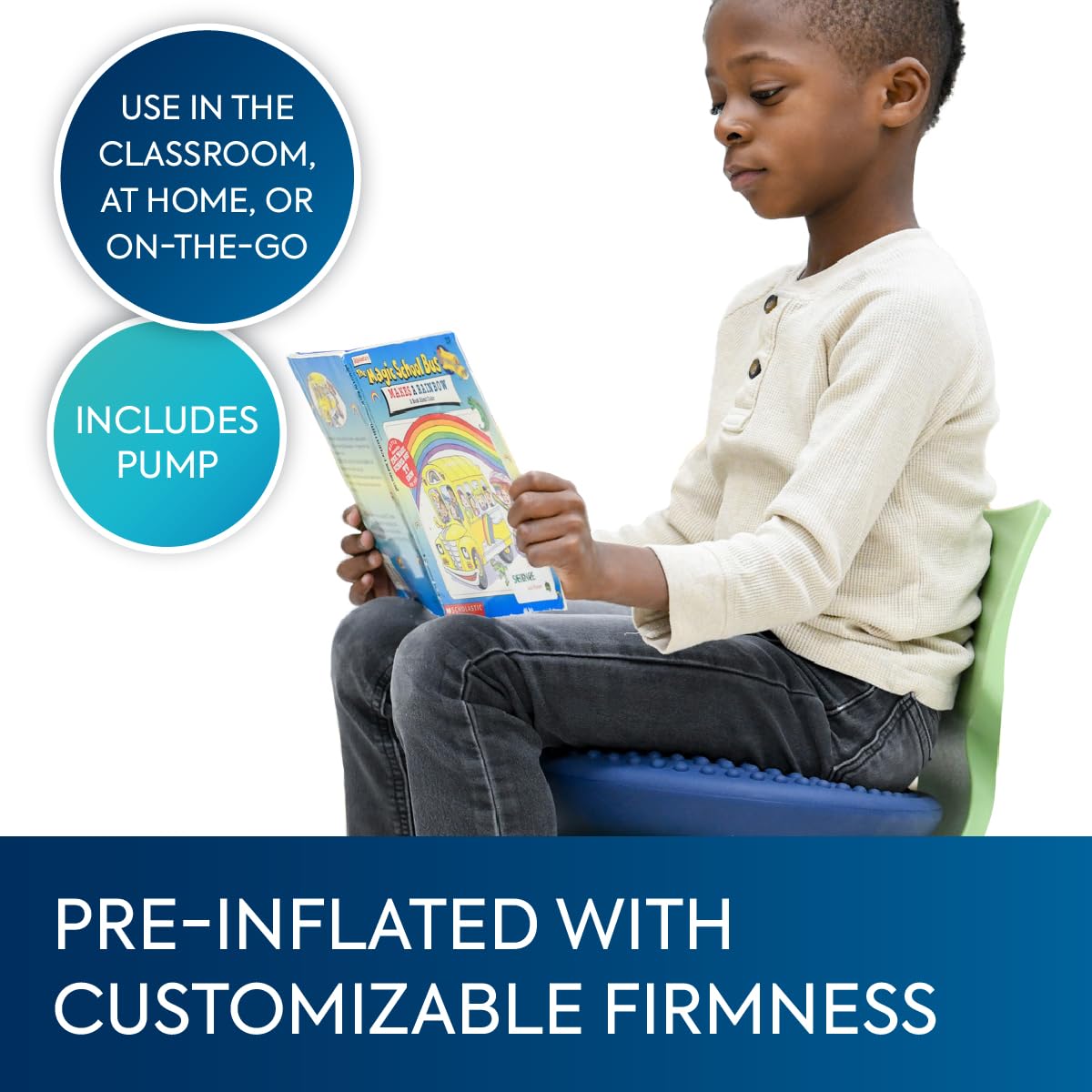 Bouncyband Balance Cushion Sensory Seat, Blue – Portable Sensory Cushion Promotes Active Learning and Improves Focus in the Classroom or at Home – 13.5” Cushion Seat Supports Up To 300lbs