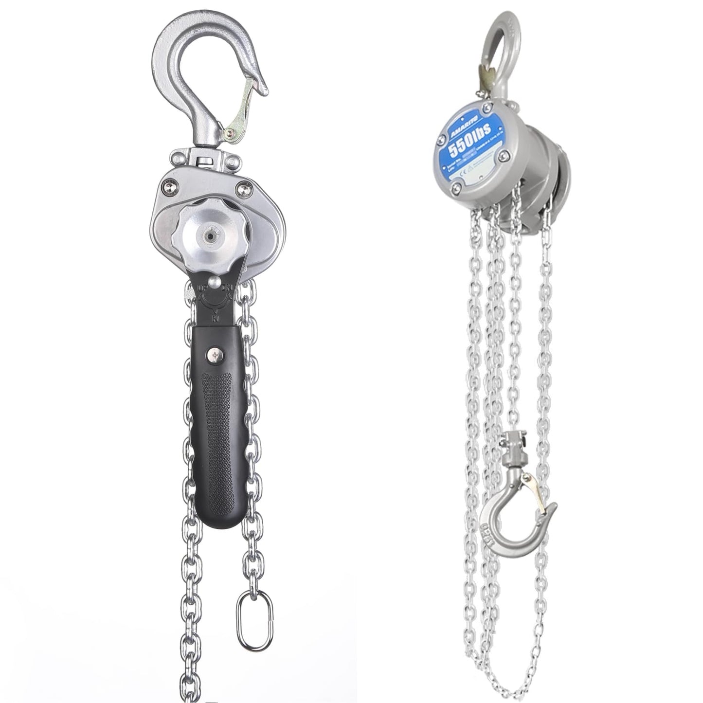 2 Pack AMARITE 1/4 Ton Compact Small Chain Hoist 550lbs Capacity Low-Profile Design with Dual Brakes & Mini Chain Lever Hoist Come Along - Small and Lightweight 0.25 Ton 550lbs Capacity 10ft Lift