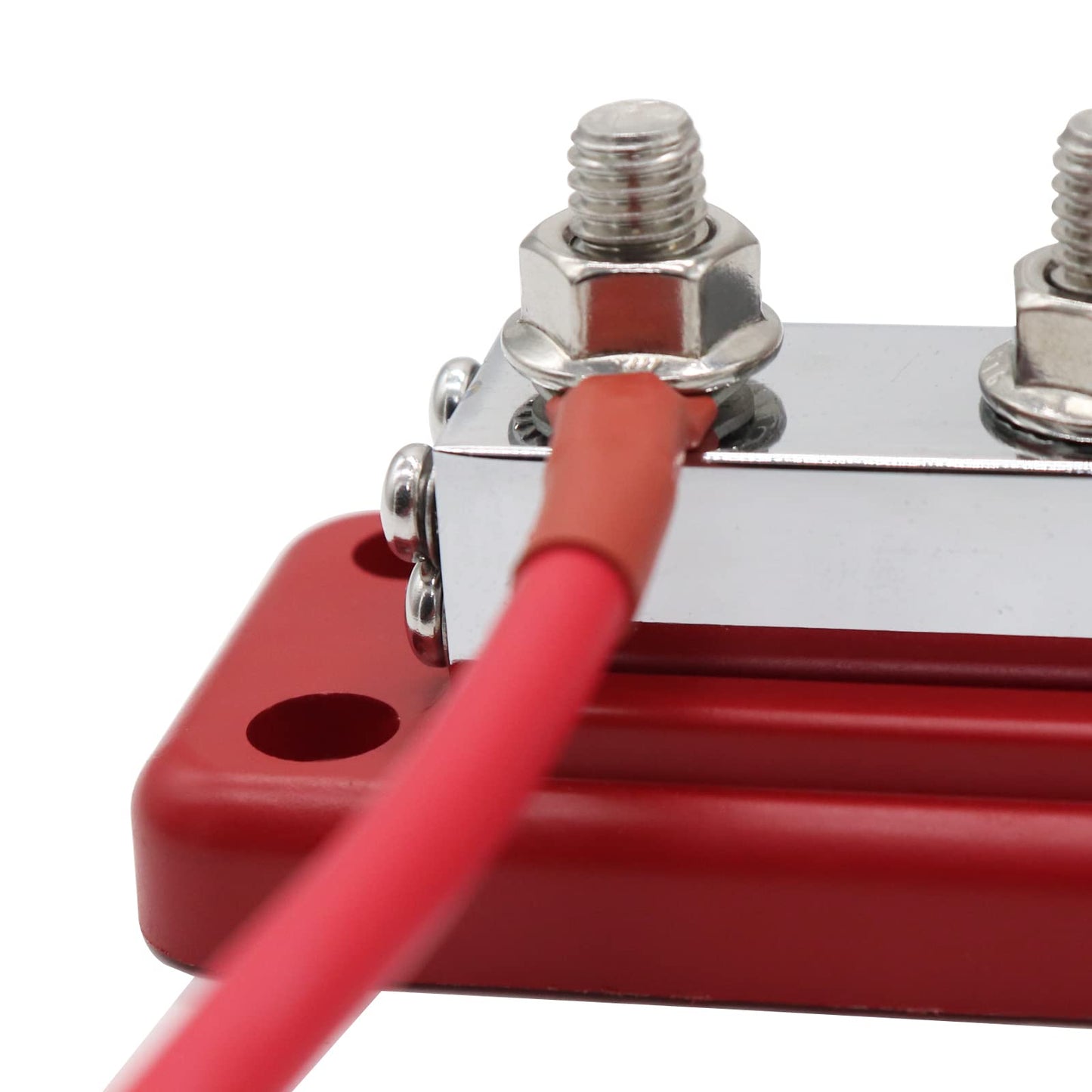 AMOMD 2 Pcs 600 A High Current Copper Bus Bar 300V AC / 48V DC 8 Way 3/8 inch (M10) Studs 8#8-32 Screws Electrical Terminal Ground Distribution Block Battery Buss Bars with Cover (Red & Black)
