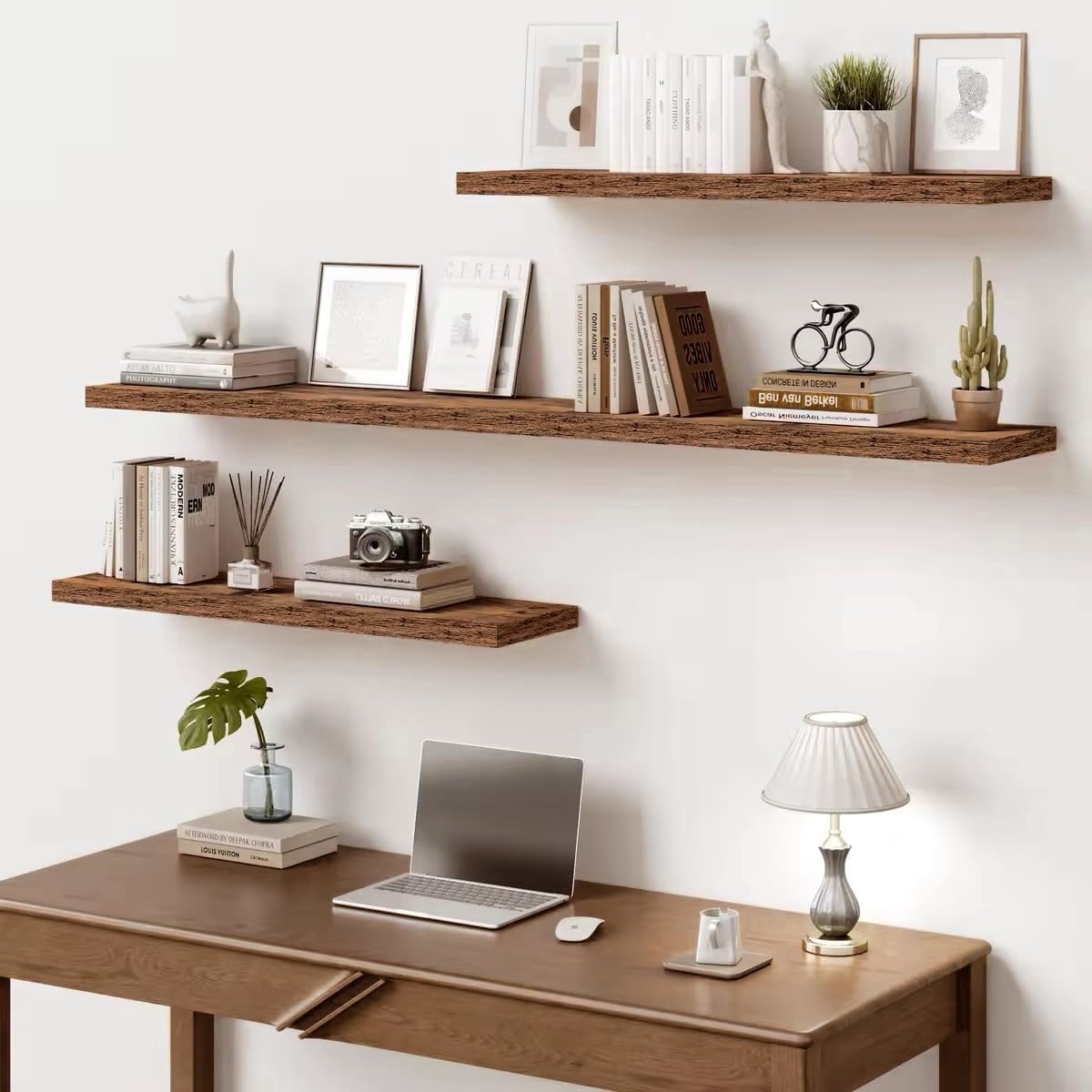 Vivelove 10 Inch Deep Floating Shelves - Set of 2 Rustic Brown Wall Shelves with Invisible Brackets for Home Decor