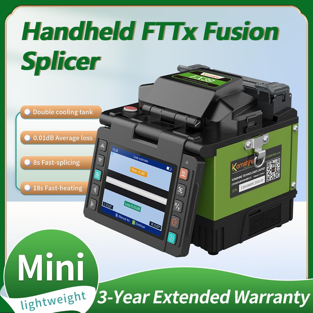 Komshine Optical Fusion Splicer EX39 FTTH Mini Fiber Fusion Splicer Machine Kit 8s Fast Splicing Fast-Heating 18s w/Fiber Cleaver FC-20 + Multi-Functional FTTH TFS-40D Toolkit