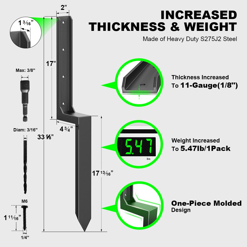 ARKSOLDIER Fence Post Repair Kit - One-Piece Steel Anchors & Stakes to Quick Fix Broken/Leaning 4x4/6x6 Wood Posts Support (Thickened 11-Gauge, 4-Pack)