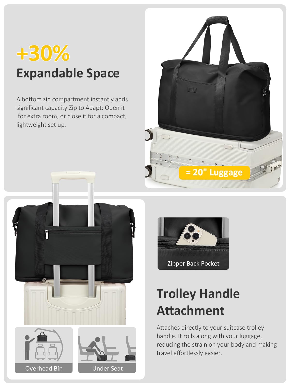 Expandable Travel Duffle Bag, Waterproof Weekender Overnight Bags for Women Men Hospital Bag for Women Labor Delivery Carry on Bag with Toiletry Bag for Travel Gym Airplanes(Black, X-Large)