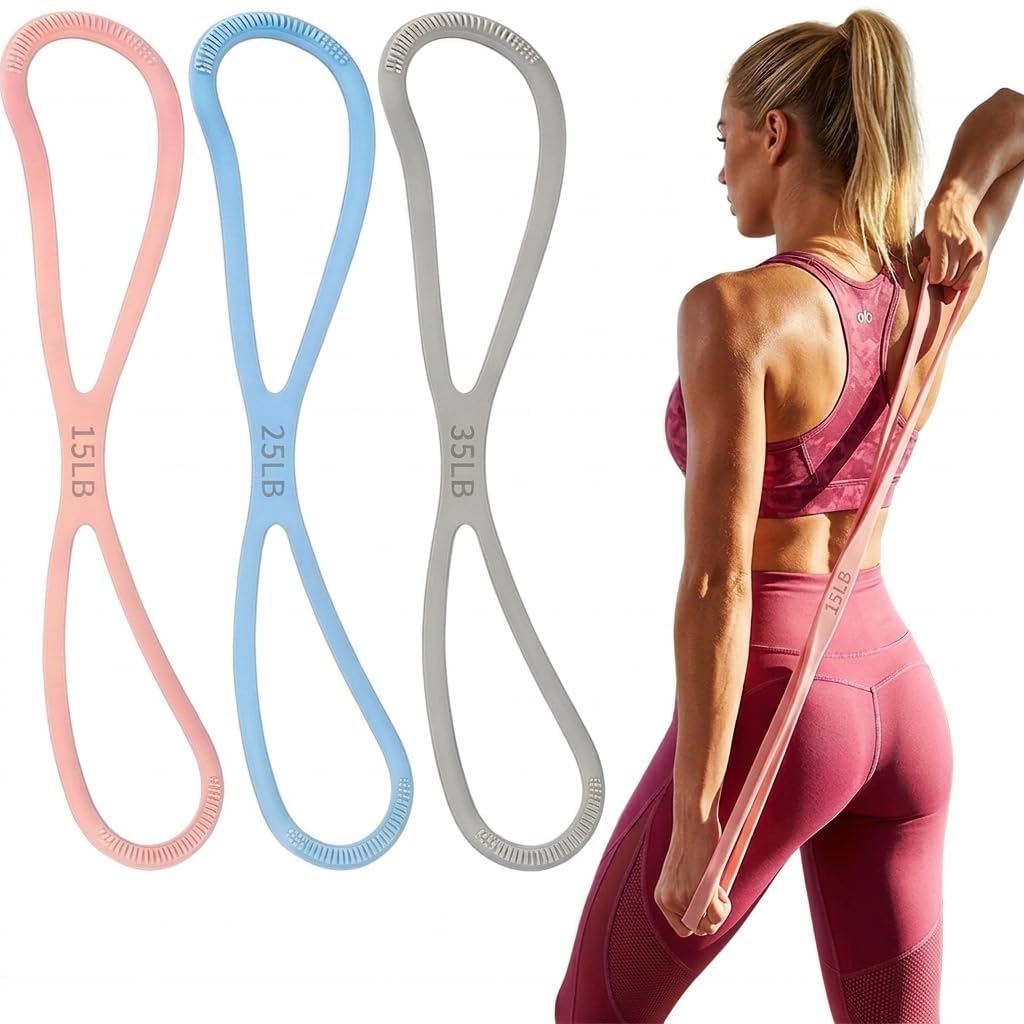 Figure 8 Resistance Band Set of 3 (15/25/35lb) - High-Density Silicone Exercise Bands with Handles for Arms, Shoulder Opening & Back Stretching - Posture Corrector for Yoga, Pilates & Home Gym