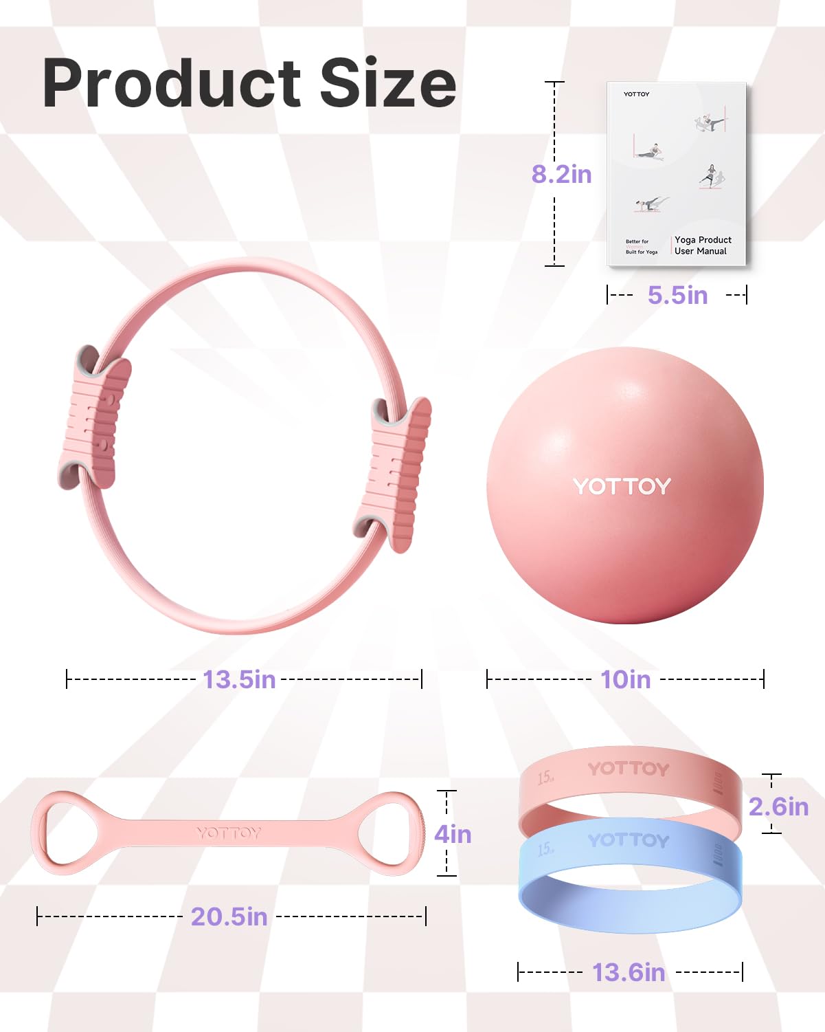 YOTTOY 13.5 Inch Pilates Ring and Ball Set, Figure 8 Resistance Bands, Stretch Bands&Guide,Pilates Equipment Set for Beginners for Home Workouts Core Strength, Yoga, Physical Therapy & Rehab, Pink
