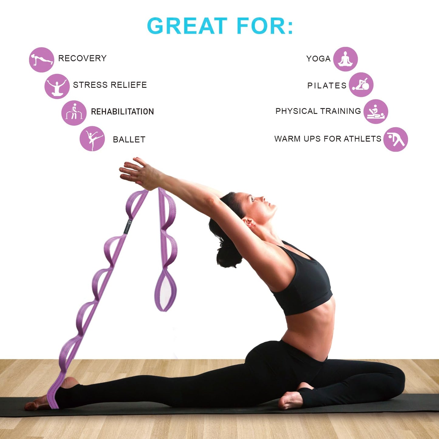 A AZURELIFE Premium Durable Cotton Stretch Strap with 10or12 Loops,, Non-Elastic Yoga Strap for Stretching, Multi-Loop Fitness Stretch Band for Physical Therapy, Yoga, Pilates&Dance (Purple - 12