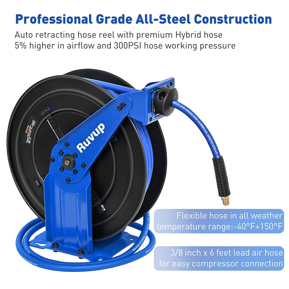 Ruvup Retractable Air Hose Reel, 3/8" x 75ft Air Compressor Hose Reel Auto Rewind Hybrid Hose Max 300PSI with 6.5ft Lead Hose Heavy Duty Steel Double Arm with 12-Position Ratchet Lock