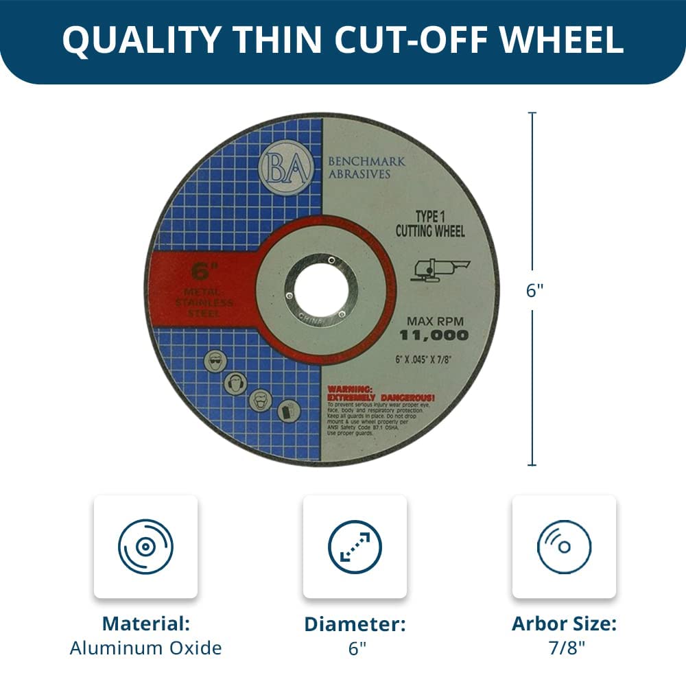 Benchmark Abrasives 6 Inch Cut Off Wheels - Aluminum Oxide Self Sharpening for Metal and Steel - 0.045" Thick 7/8" Arbor - Angle Grinder Cutting Disc - Type 1-100 Pack