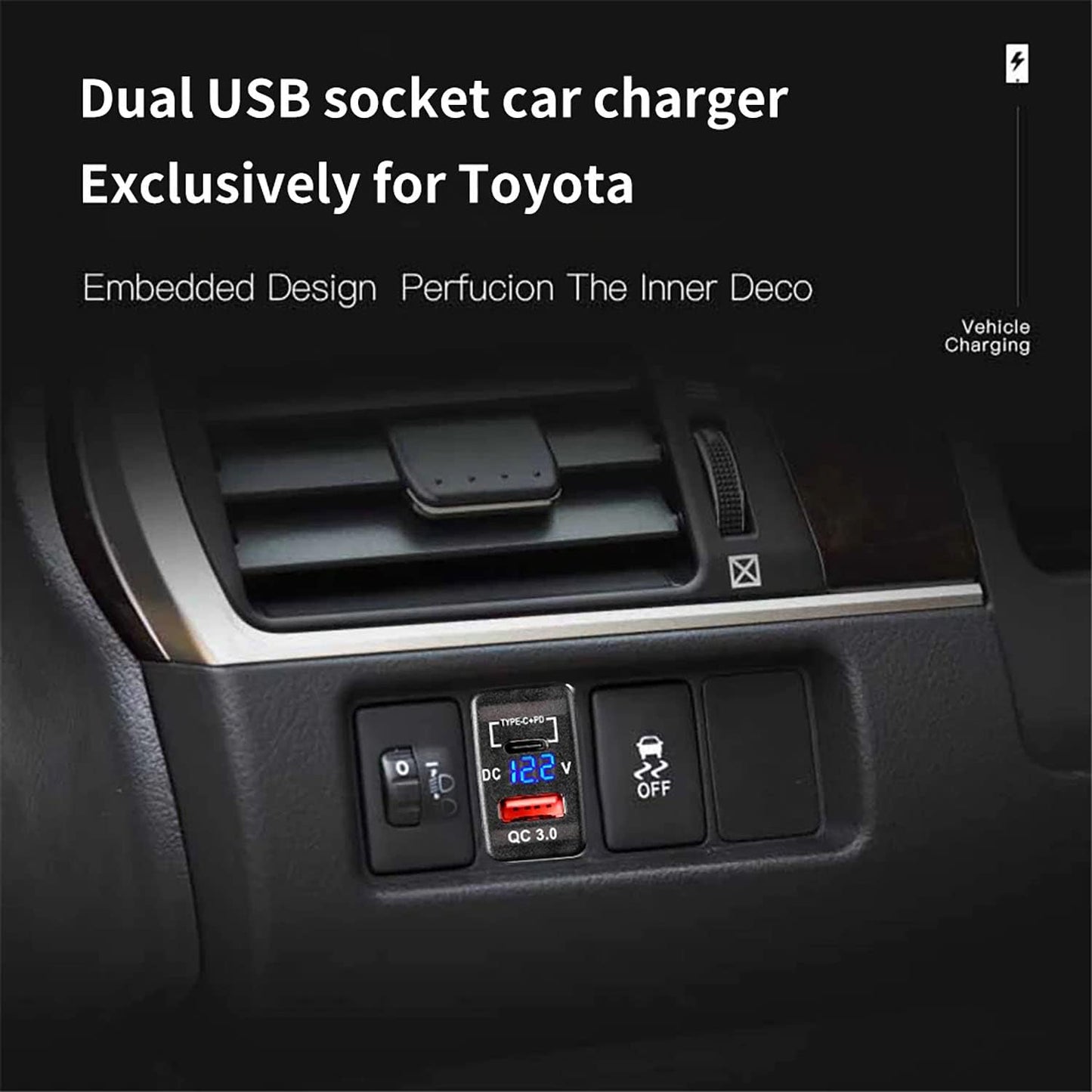 Cllena 3.0 Quick Charge & PD USB C Dual USB Port Charger Socket Power Adapter for Toyota