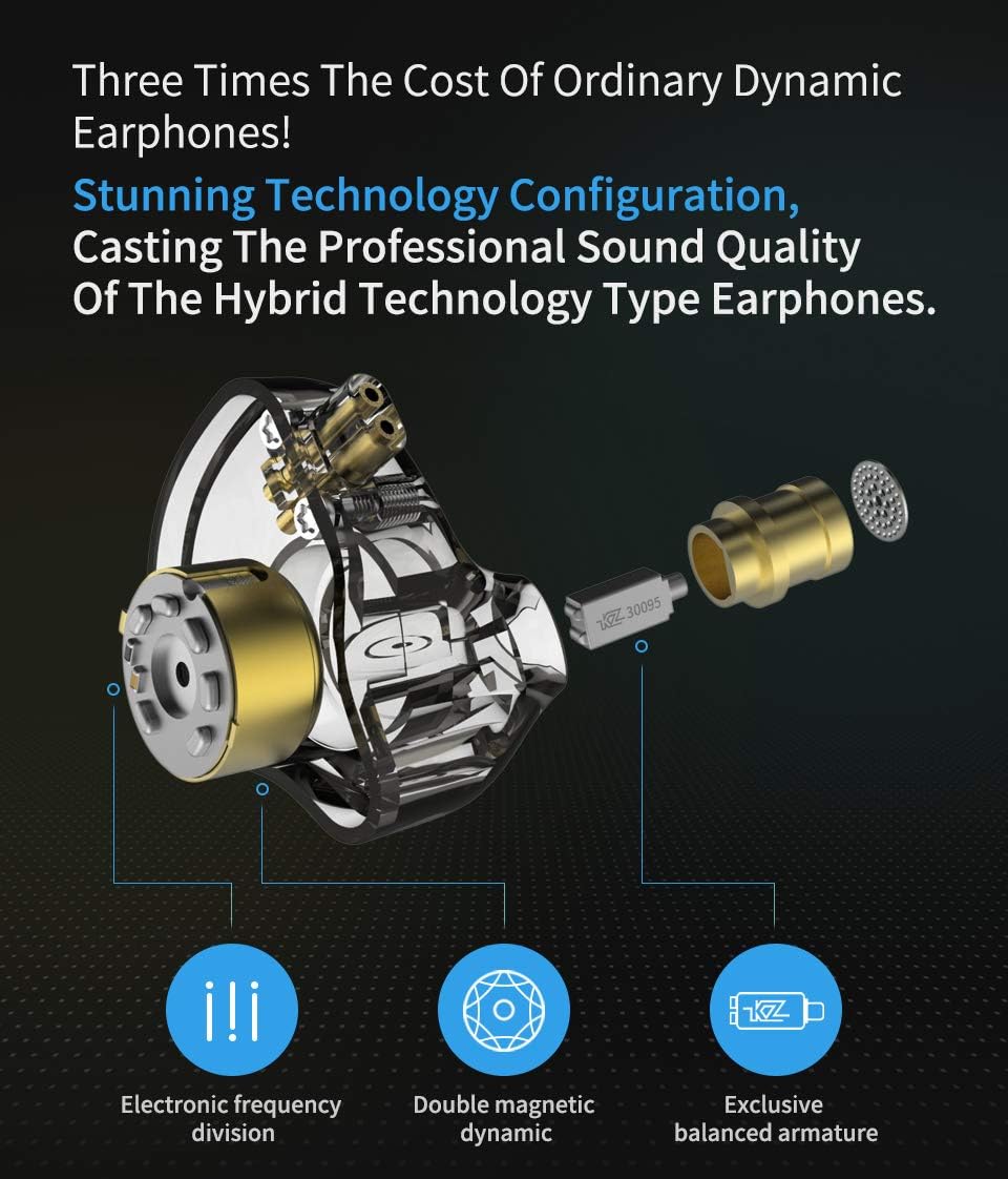 erjigo KZ ZSN Pro Dynamic Hybrid Dual Driver in Ear Earphones Detachable Tangle-Free Cable Musicians in-Ear Earbuds