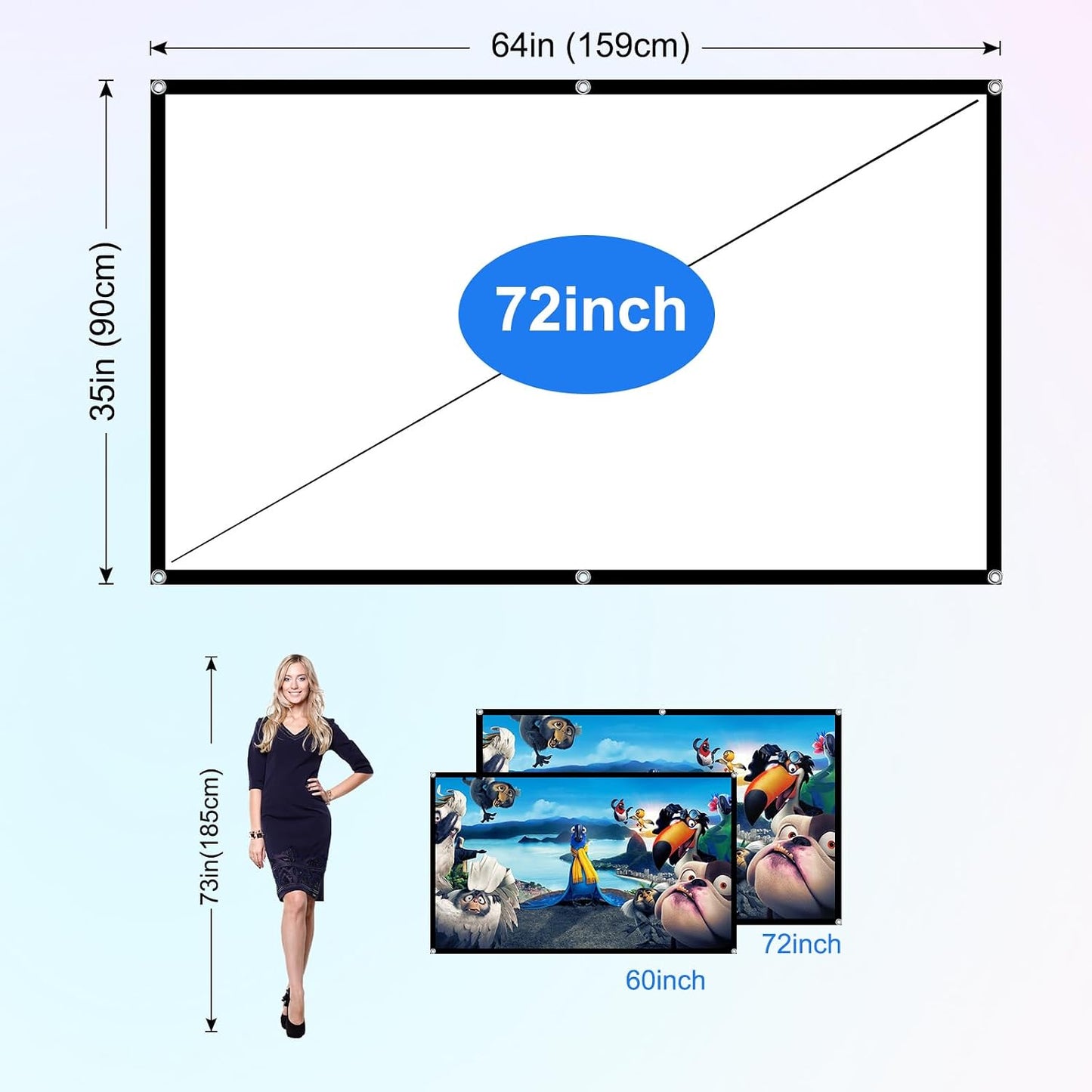 Ximaoy 72 inchPortable 16:9 Projector Screen Movie Projector Screen HD Indoor Outdoor Double Sided Rear Projection