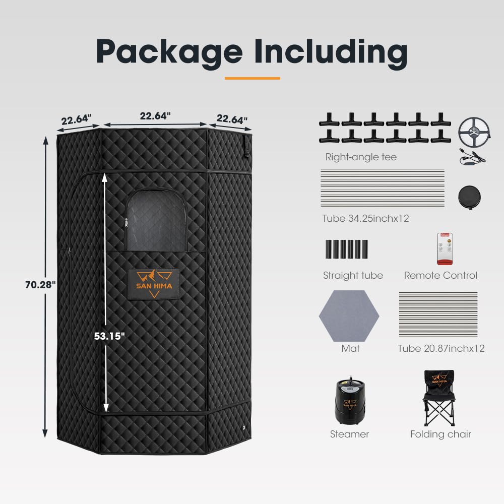 SAN HIMA Portable Sauna for Home, 1 Person Steam Sauna Box with Red Light Therapy, 3L 1500W Steamer, 9 Heat Levels, 90 Minute Timer, Foldable Chair, Remote Control, Indoor Home Spa Sauna Tent