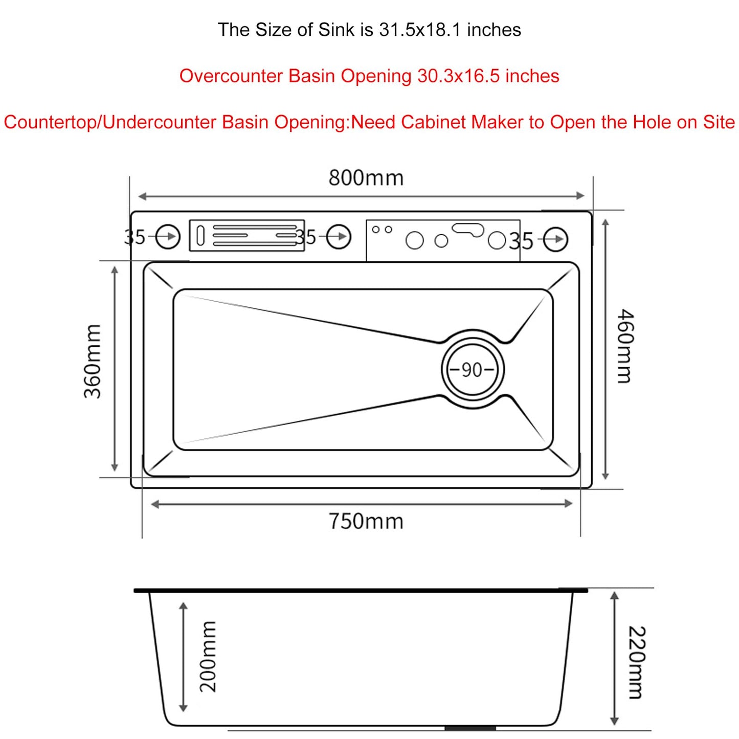 SDGRP Kitchen Sink 304 Stainless Steel Undermount Sink Drop in Single Bowl Kitchen Sinks, With Pull Down Sprayhead Faucet, With Pressurized Cup Washer and Two Waterfalls (31.5 x 18.1 inch)