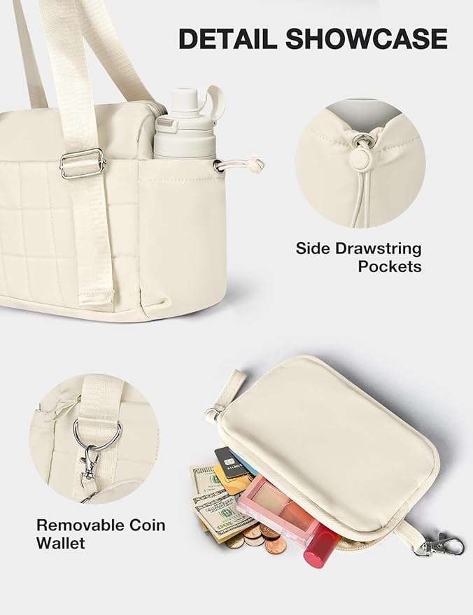 VUUDH Puffy Mini Gym Bag for Women, Carry On Multi-Pocket Water-Resistant Duffel, Lightweight Sports Bag for Fitness, Work, Travel, Daily Commute,Beige