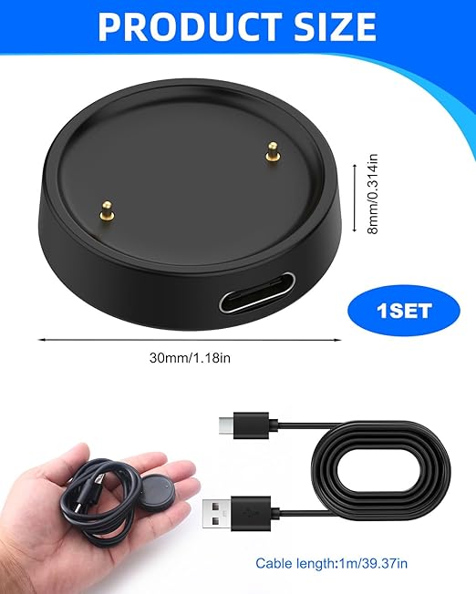 Charging Cable for Amazfit Bip 6 / Active 2, 3.3ft/1m Type-C Charging Cable & USB-C Magnetic Charger Dock Portable Replacement, 1 Set