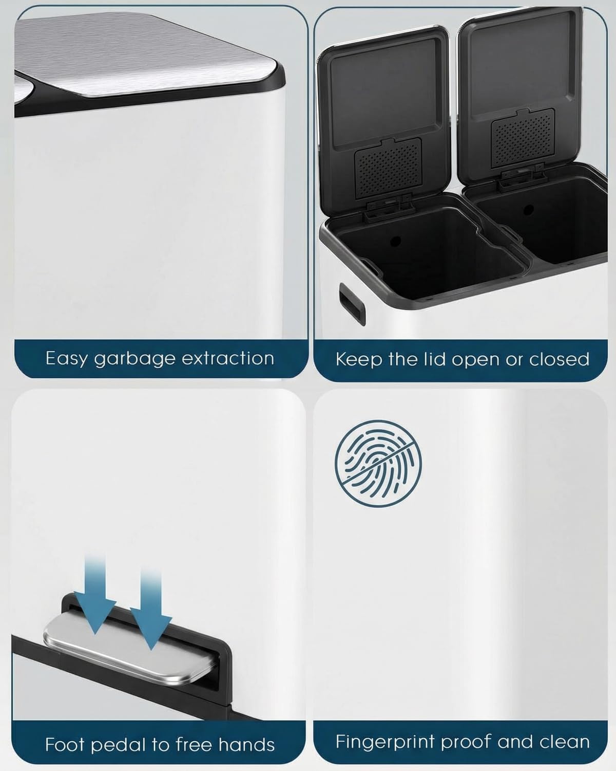 ComfyCorner 16 Gal (2 x 30 L) Dual Trash Can, Stainless Steel Kitchen Garbage Bin, Recycle Dustbin with Odor Control Box, Soft-Close Lid, Inner Buckets, Side Handle, Step Pedal, for Home Office