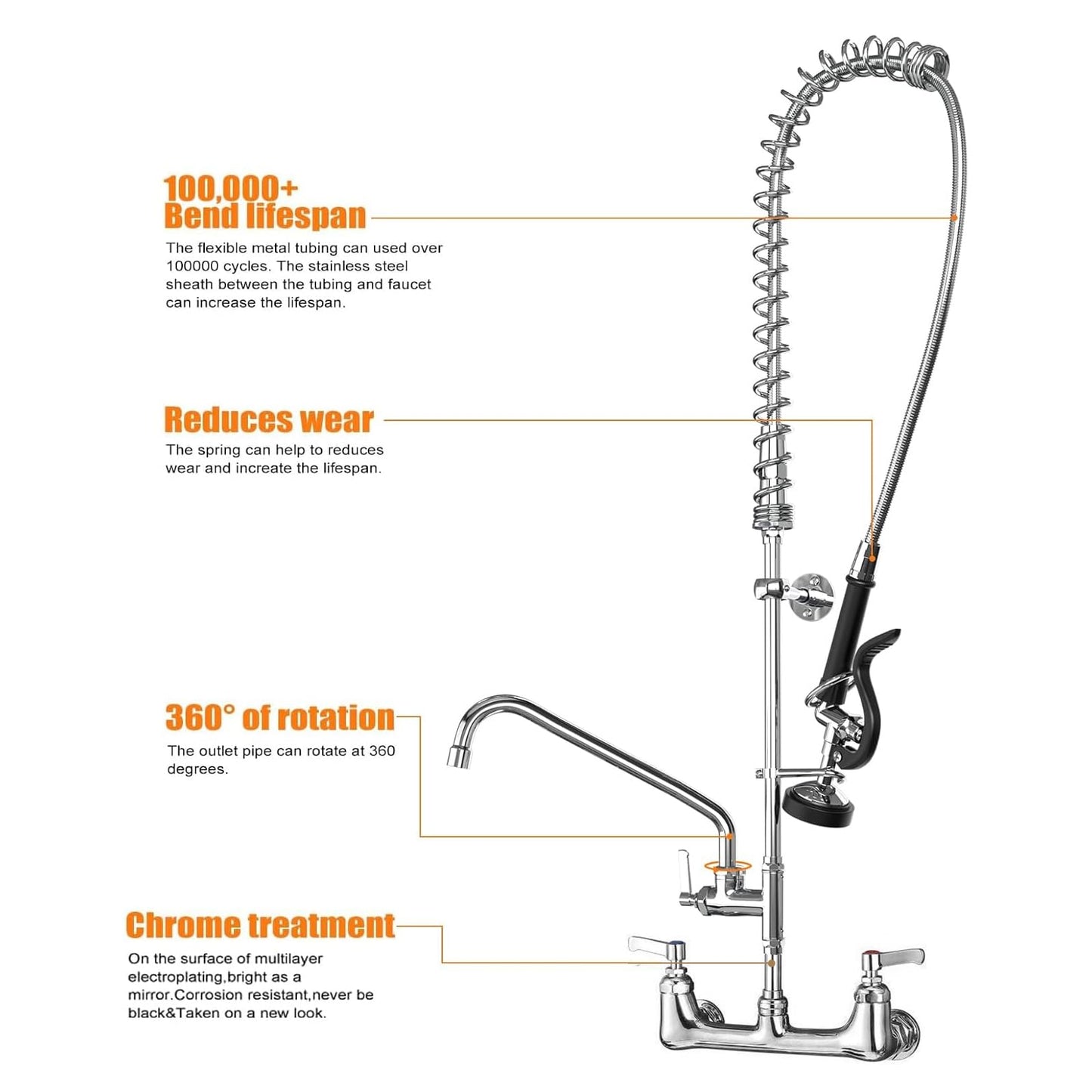 Commercial Sink Faucet with Sprayer for Kitchen: MSTJRY 47" Height Wall Mount Commercial Faucet with Sprayer Fit for 3 Compartment Sink - Polished Chrome 8" Center 12" Swing Spout Pre Rinse Assembly
