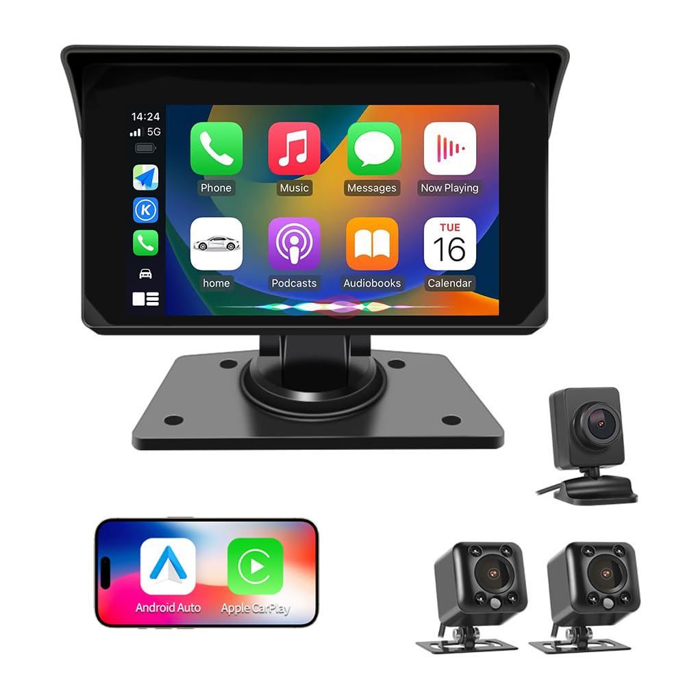 VSYSTO Truck Carplay, 5" Touchscreen WiFi 3CH Truck Dash Cam, GPS Navigation, Parking Monitoring, Front and Left and Right Cameras, Infrared Night Vision, Wired Controller, Temperature Display