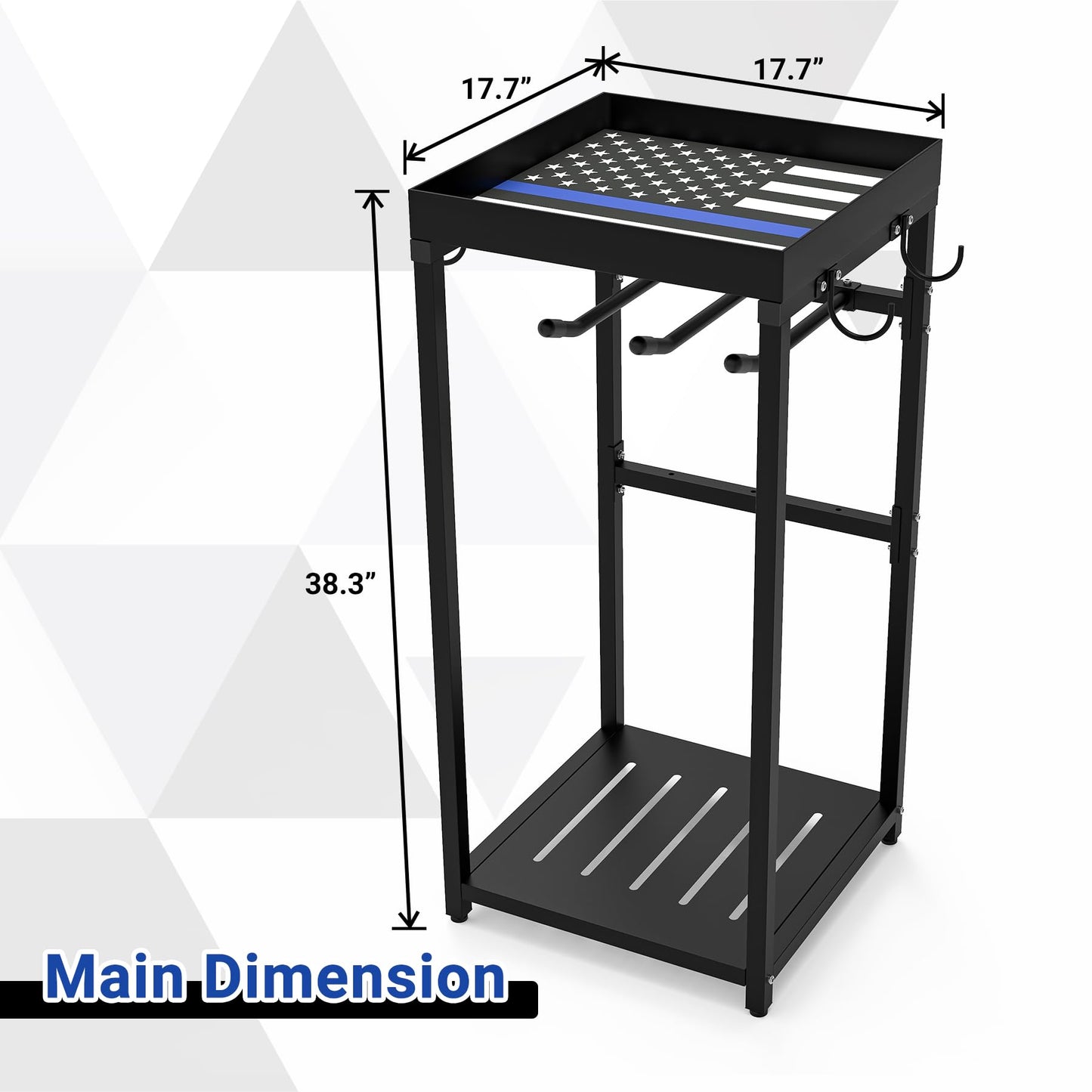 Neoaider Police Gear Stand 18” x 18” x 38”, Tactical Duty Gear Rack Decor with Thin Blue Line Flag, Black Police Hanger with 7 Hooks, Body Armor Stand for Police Gift