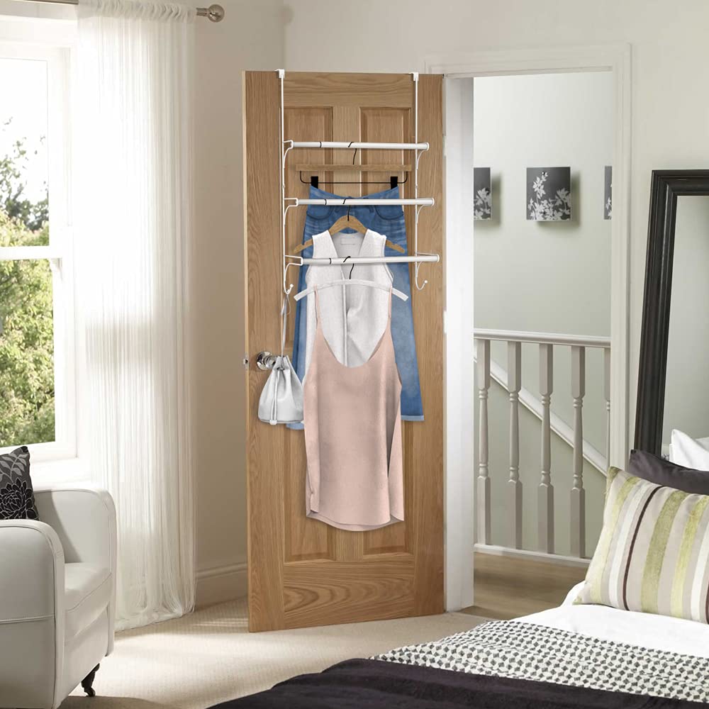 AULEDIO Adjustable Over The Door Triple Towel Rack with Hooks,White