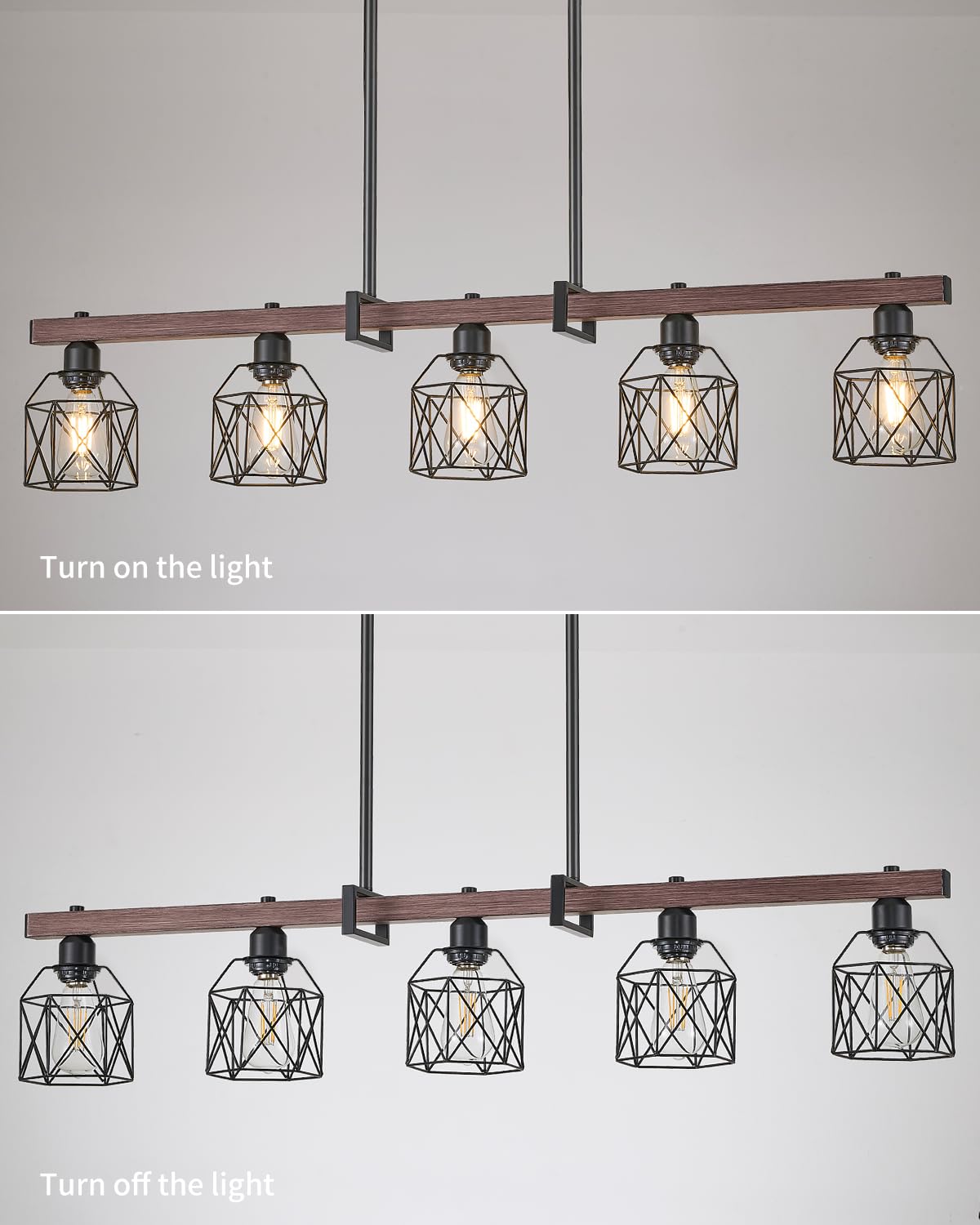 5-Light Industrial Kitchen Island Lighting with Wood Grain Bar and Black Metal Cage, Farmhouse Rustic Hanging Ceiling Lamp for Dining Room, Living Room