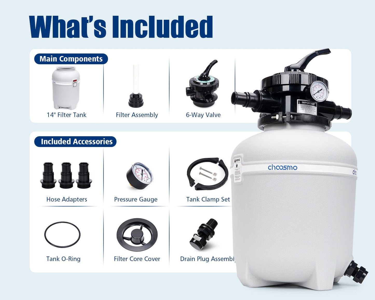 choosmo 14 Inch Pool Sand Filter Tank Replacement Kit with 6-Way Multi-Port Valve and 1.25/1.5 in Hose Adapters for Compatible Above Ground Sand Filter Systems, Pump Not Included