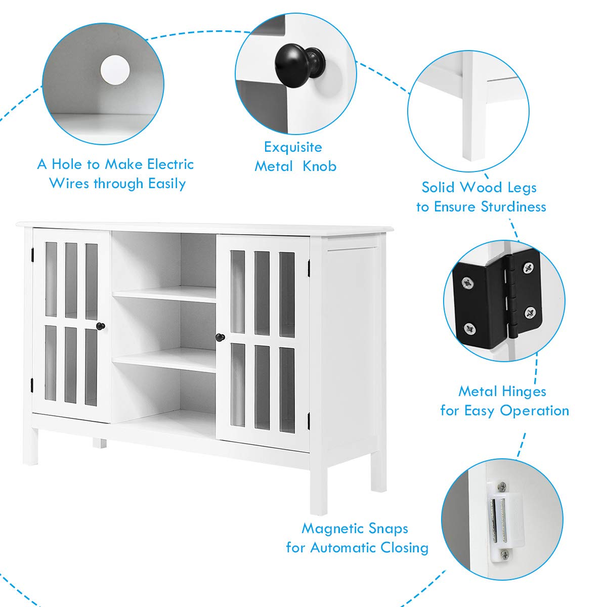 Tangkula White TV Stand, Modern Tall Entertainment Center for TVs up to 50", Media Console w/2 Storage Cabinets & 3 Open Shelves, Wire Hole, Wood TV Console Table for Living Room, White