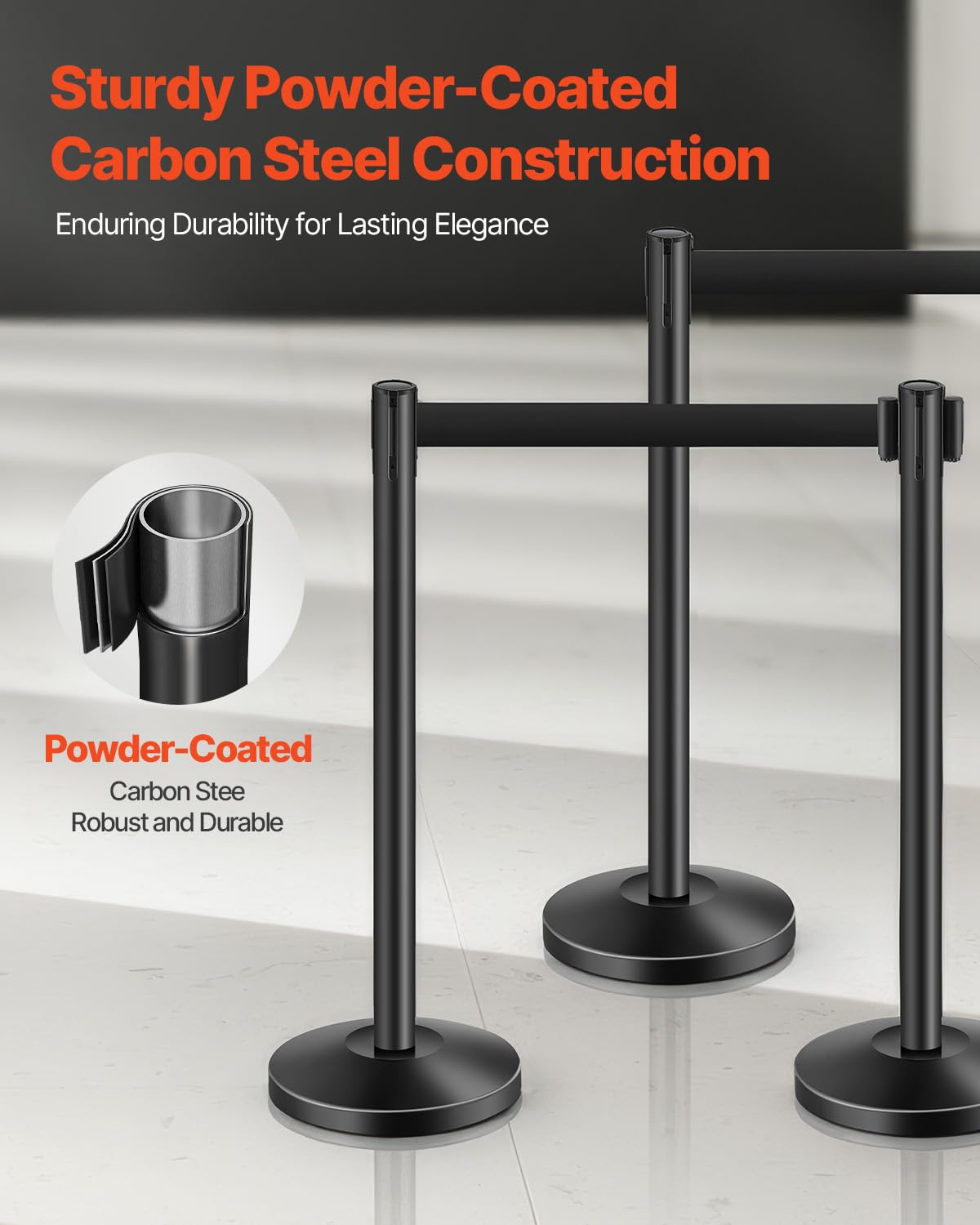 VEVOR Stanchion Post, 4 Pcs Stanchions with Retractable Belts, Carbon Steel Black Stanchions Queue with Sand Injection Hollow Base, Crowd Control Barriers for Theaters, Parties, Weddings, Exhibitions