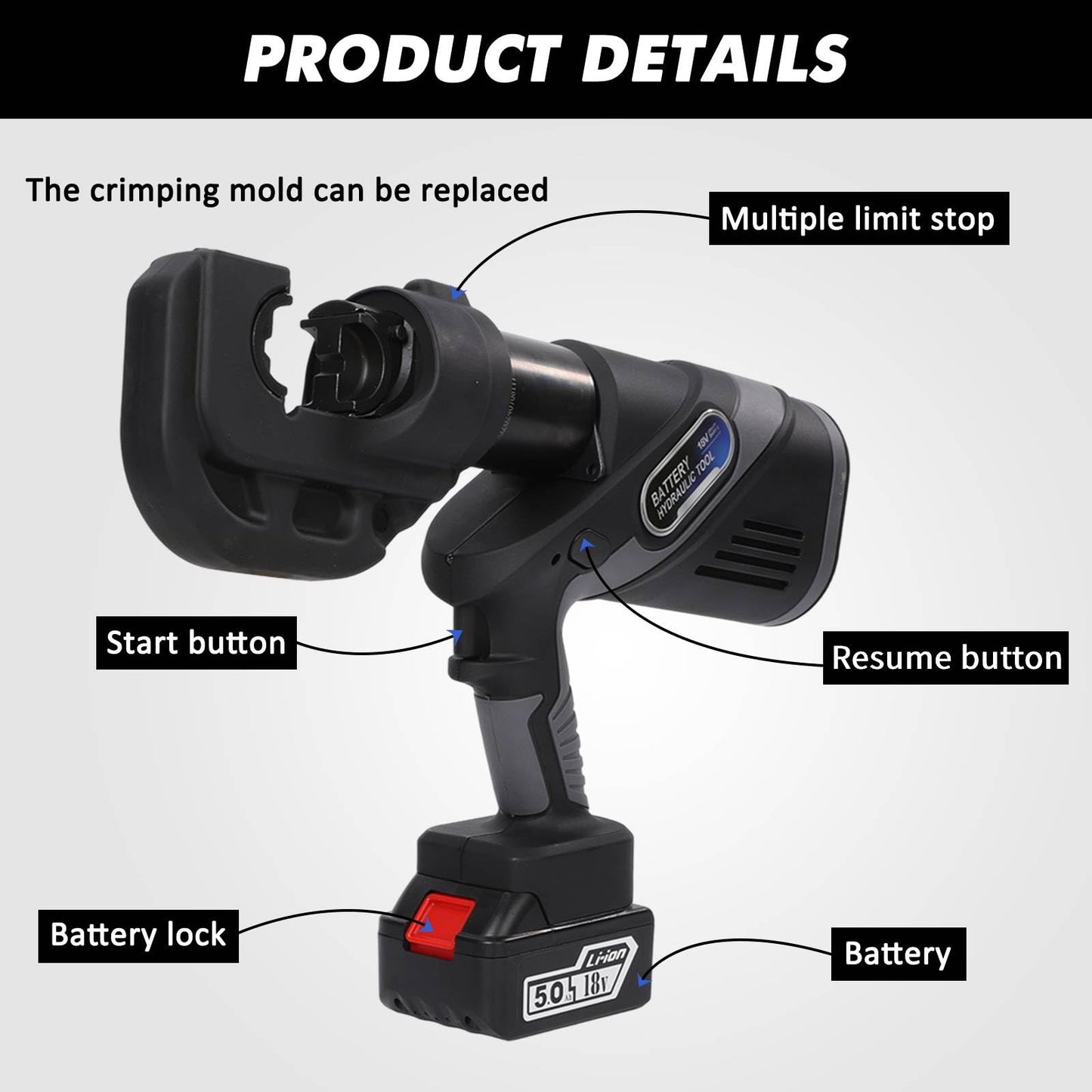 Loriven Electric Crimping Tool Rechargeable for Crimps Cu/Al Terminal 12 Ton 6AWG to 800MCM with 12 Dies Efficiency and Safety Non-Serrated lug crimper Tool(EC-400)